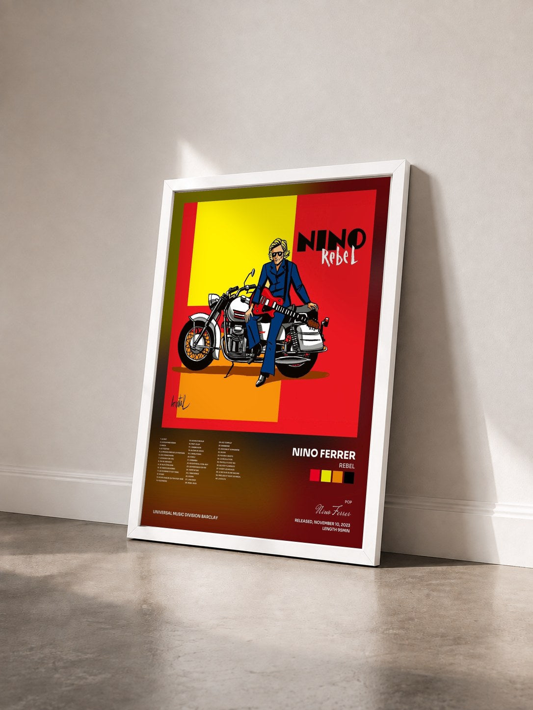 #blanc Tableau de l'album Rebel de Nino Ferrer vu de trois quarts, cadre blanc