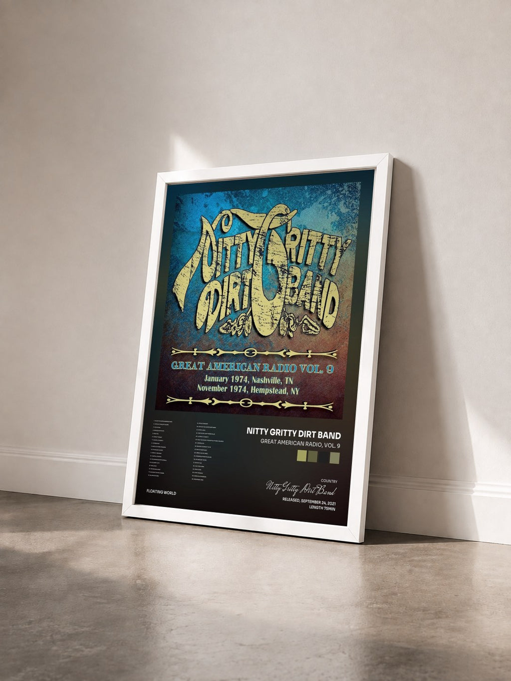 #blanc Tableau de l'album Great American Radio, Vol. 9 de Nitty Gritty Dirt Band vu de trois quarts, cadre blanc