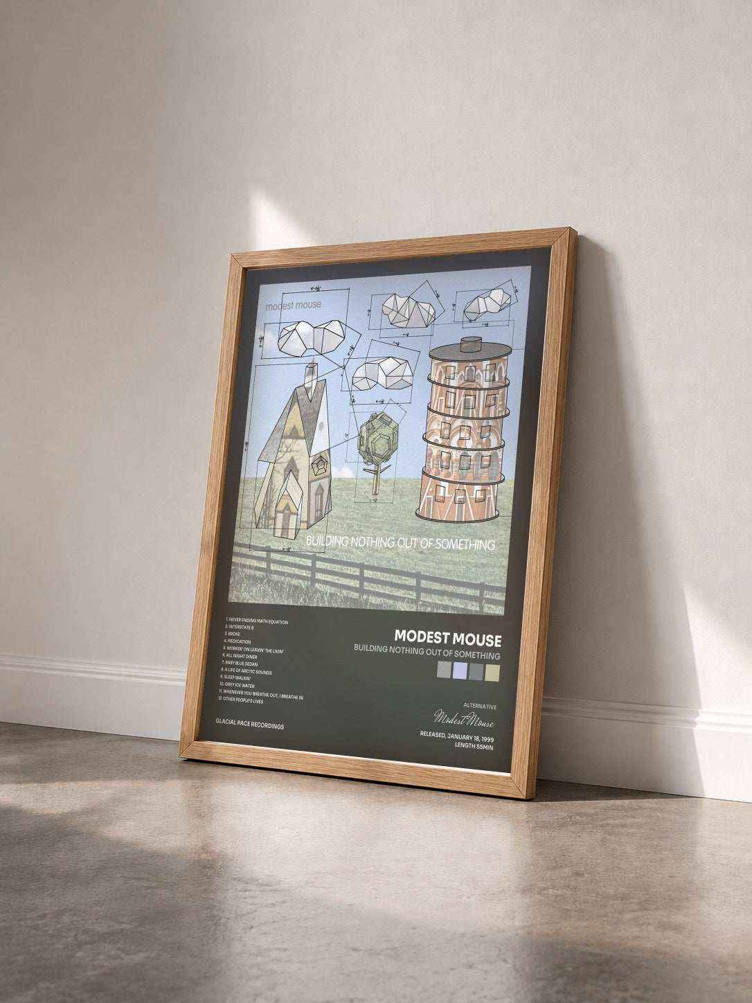 #bois Tableau de l'album Building Nothing Out of Something de Modest Mouse vu de trois quarts, cadre en bois brut