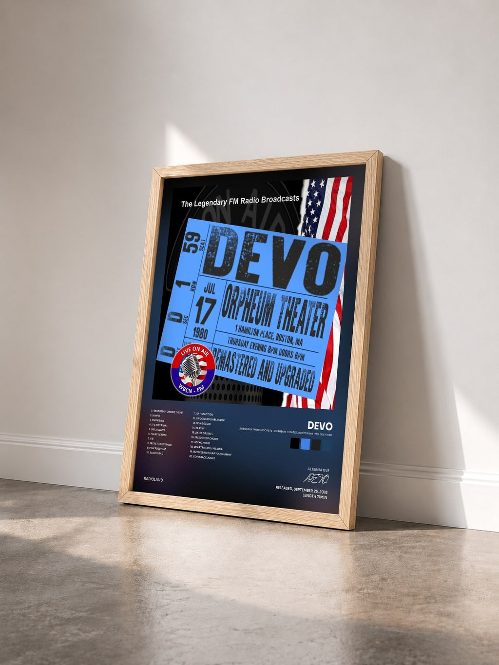 #bois Tableau de l'album Legendary FM Broadcasts - Orpheum Theater, Boston MA 17th July 1980 de DEVO vu de trois quarts, cadre en bois brut