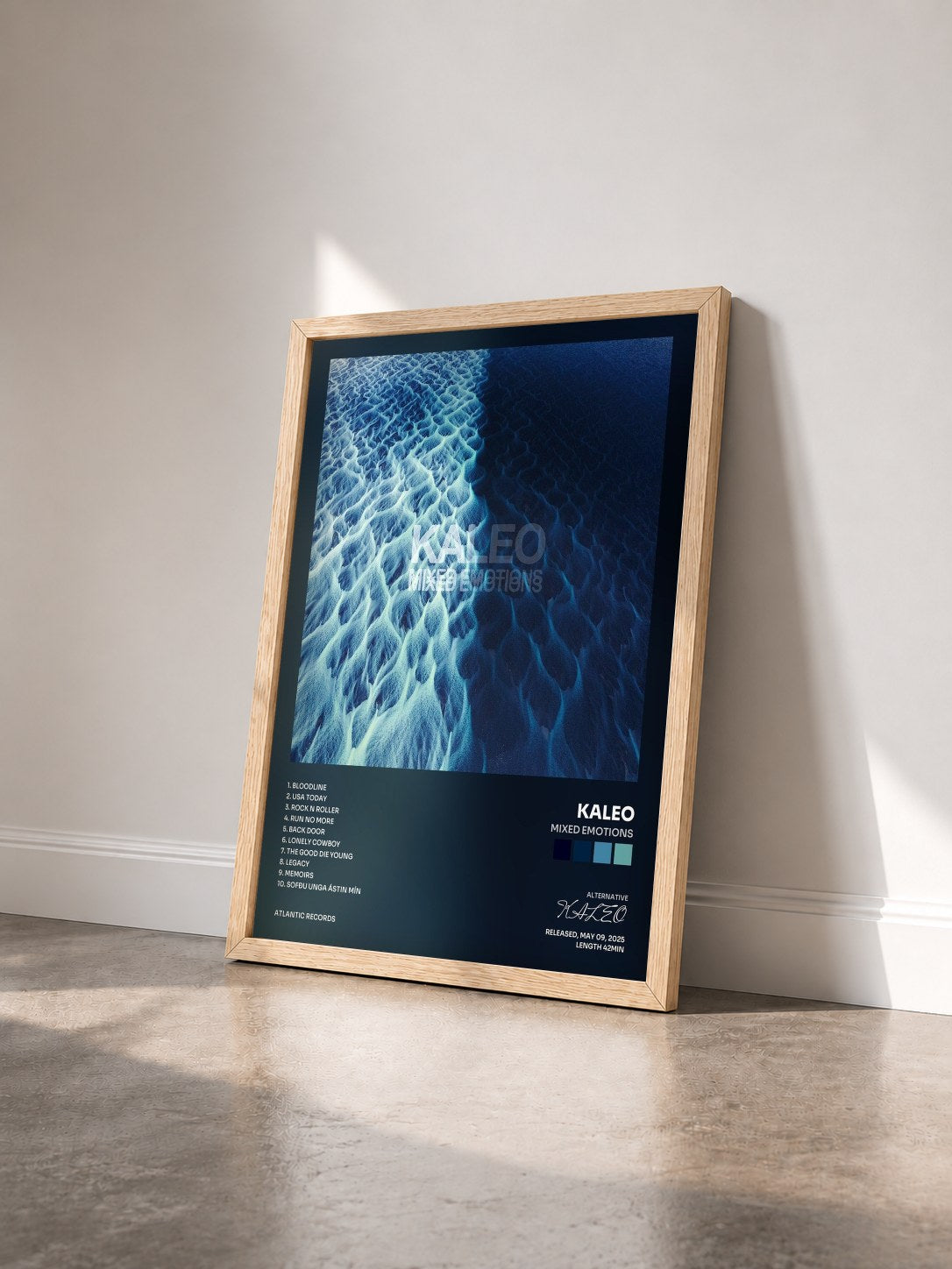 #bois Tableau de l'album MIXED EMOTIONS de KALEO vu de trois quarts, cadre en bois brut