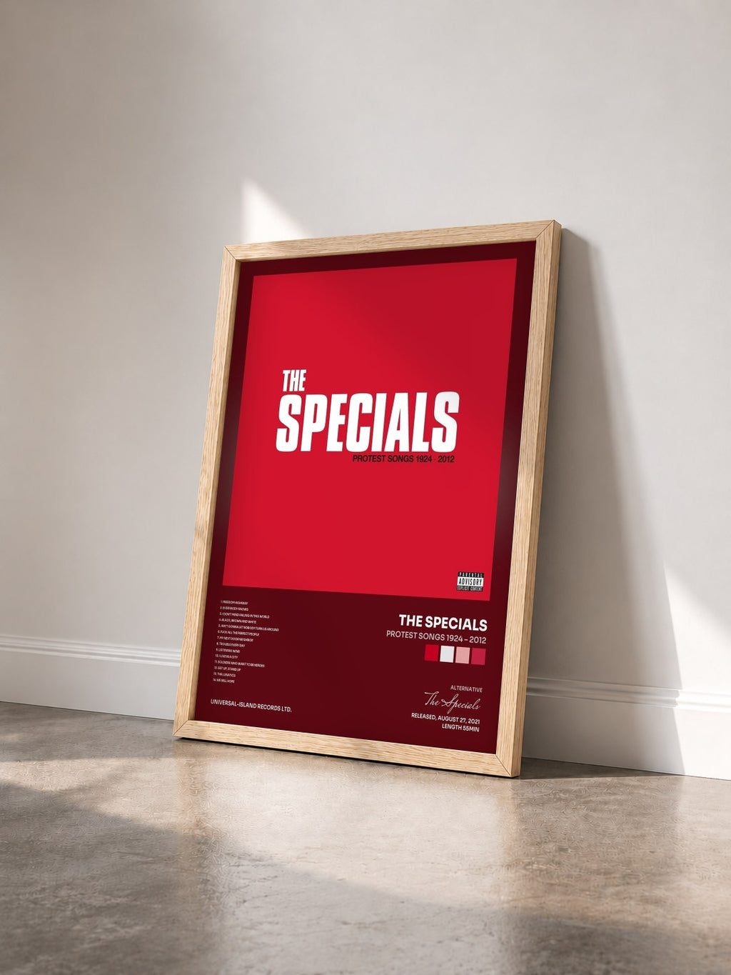 #bois Tableau de l'album Protest Songs 1924 – 2012 de The Specials vu de trois quarts, cadre en bois brut