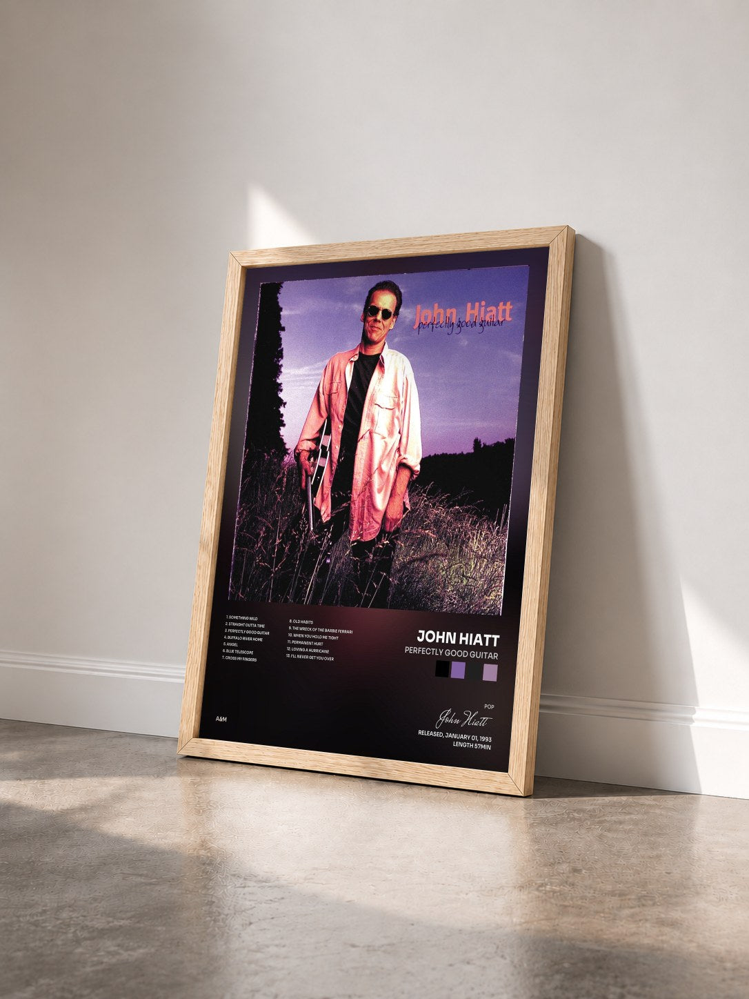 #bois Tableau de l'album Perfectly Good Guitar de John Hiatt vu de trois quarts, cadre en bois brut