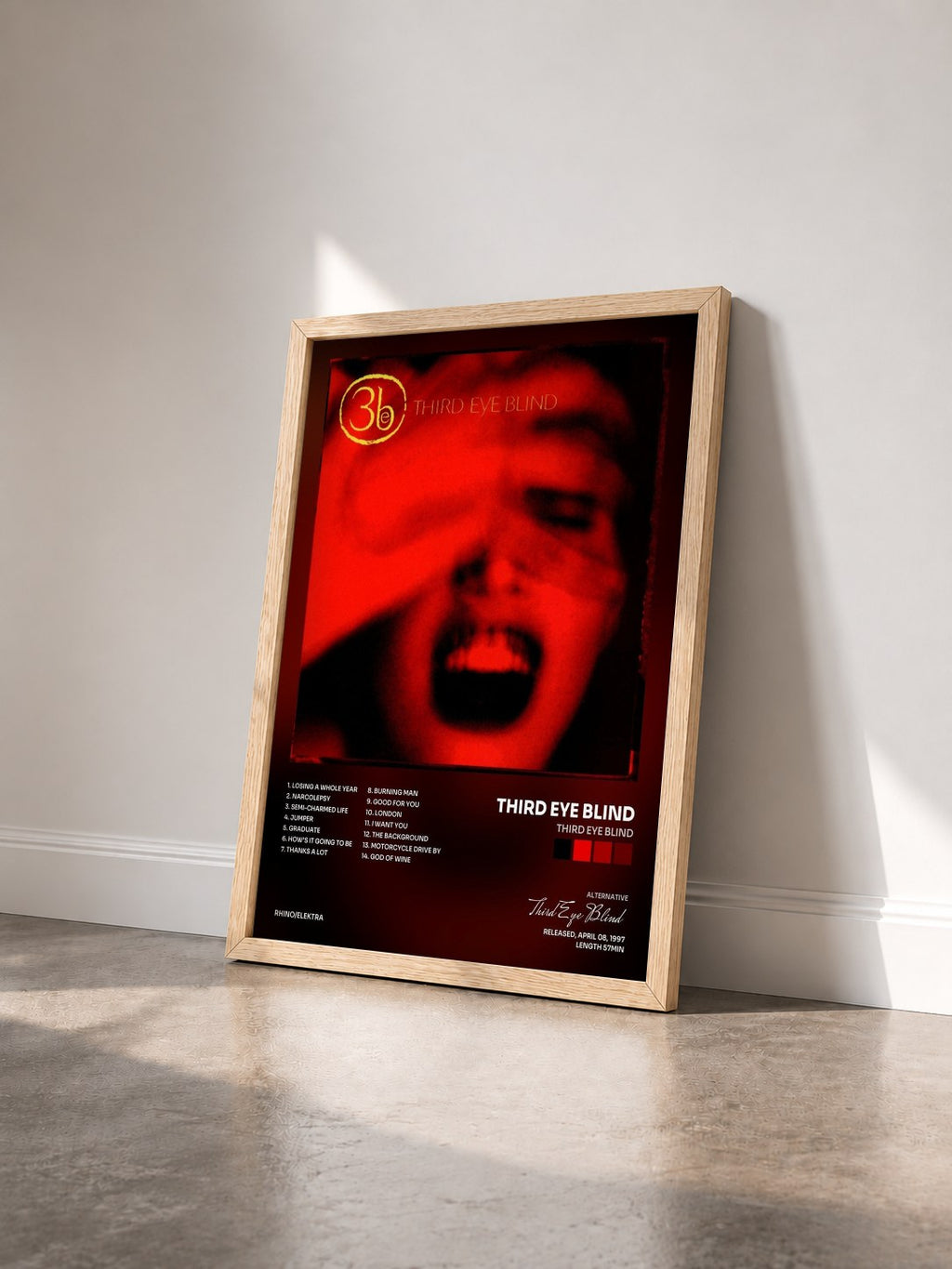 #bois Tableau de l'album Third Eye Blind de Third Eye Blind vu de trois quarts, cadre en bois brut