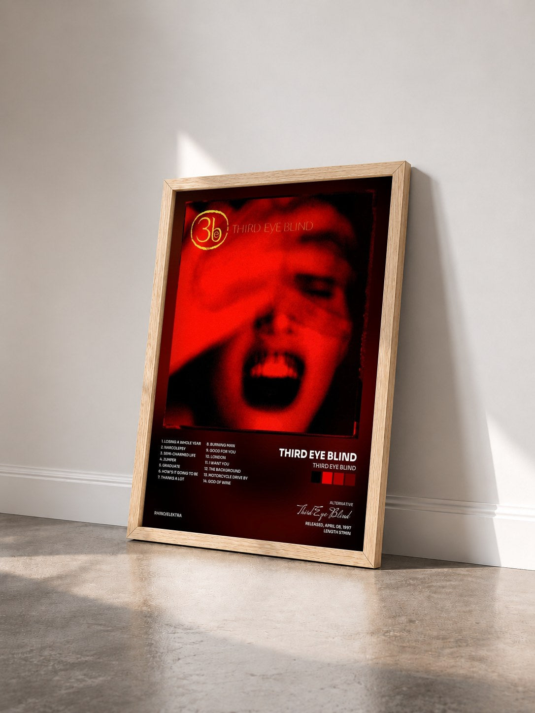#bois Tableau de l'album Third Eye Blind de Third Eye Blind vu de trois quarts, cadre en bois brut