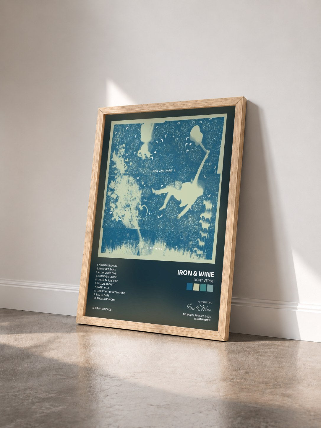 #bois Tableau de l'album Light Verse de Iron & Wine vu de trois quarts, cadre en bois brut