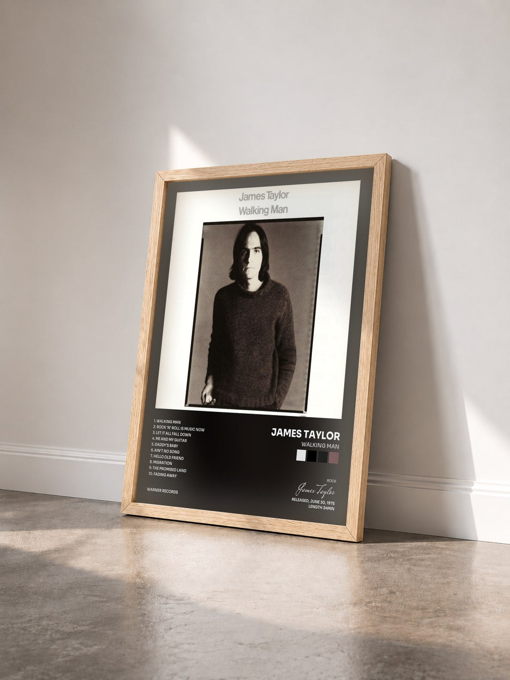 #bois Tableau de l'album Walking Man de James Taylor vu de trois quarts, cadre en bois brut