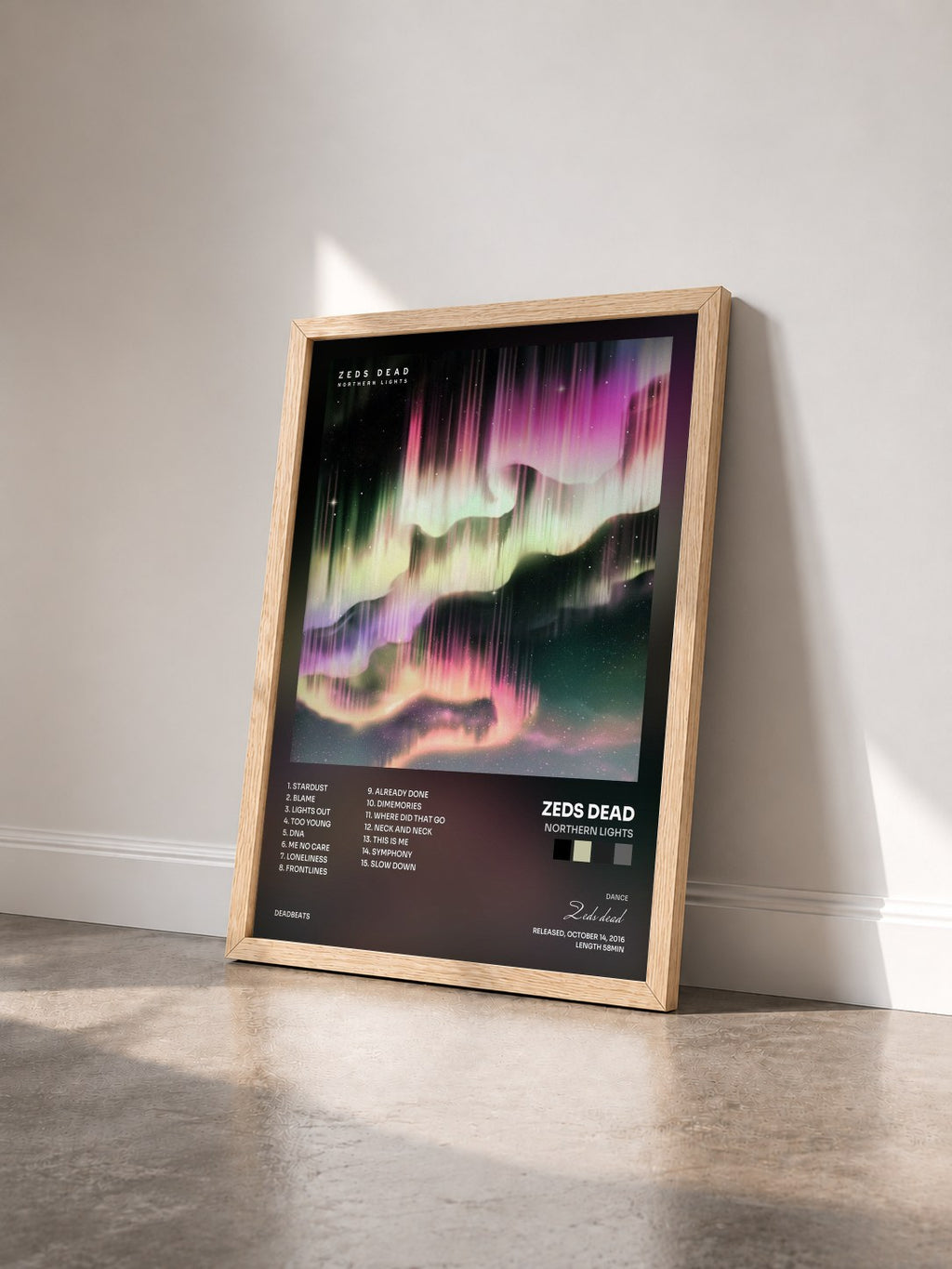 #bois Tableau de l'album Northern Lights de Zeds dead vu de trois quarts, cadre en bois brut