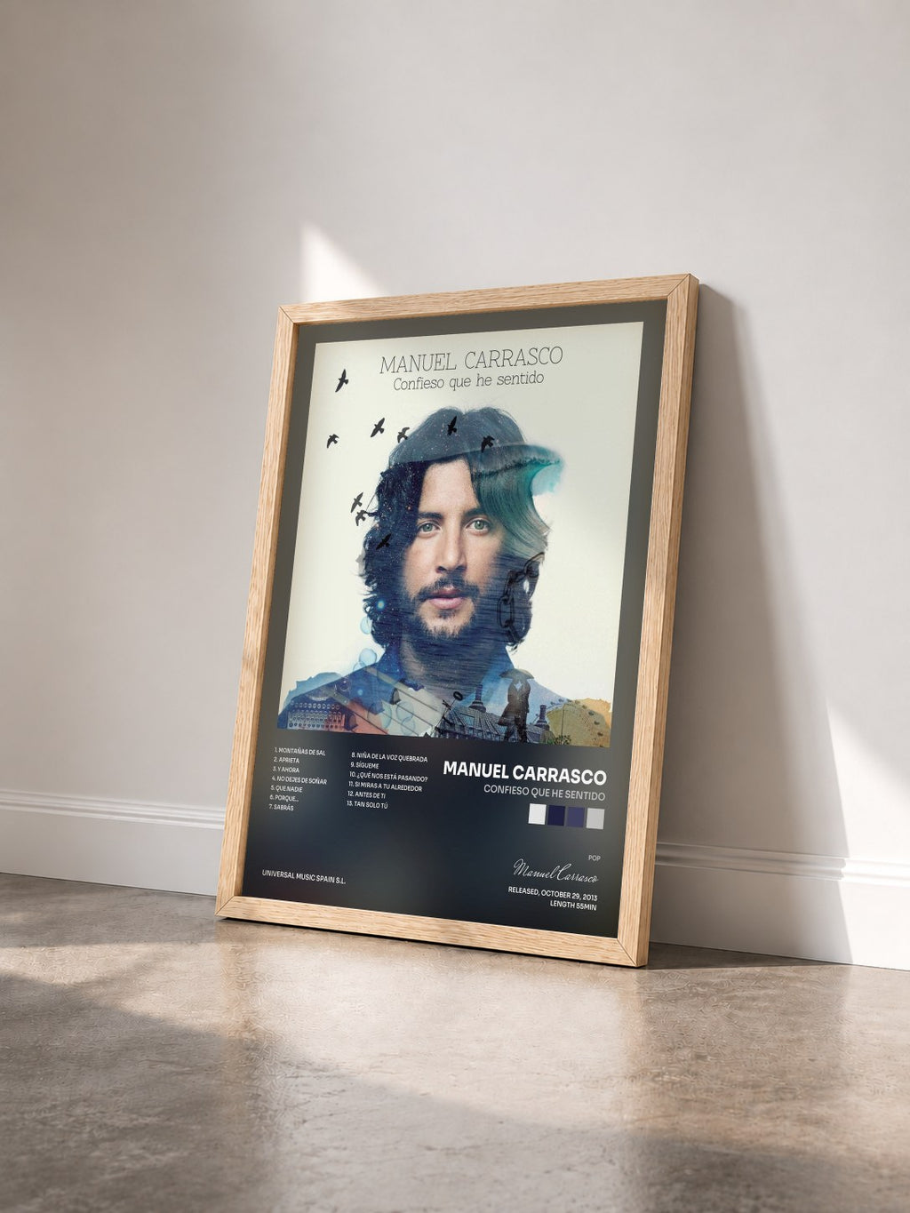 #bois Tableau de l'album Confieso Que He Sentido de Manuel Carrasco vu de trois quarts, cadre en bois brut
