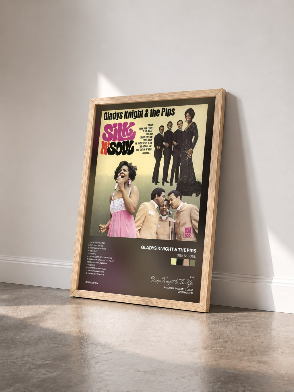 #bois Tableau de l'album Silk N' Soul de Gladys Knight & The Pips vu de trois quarts, cadre en bois brut