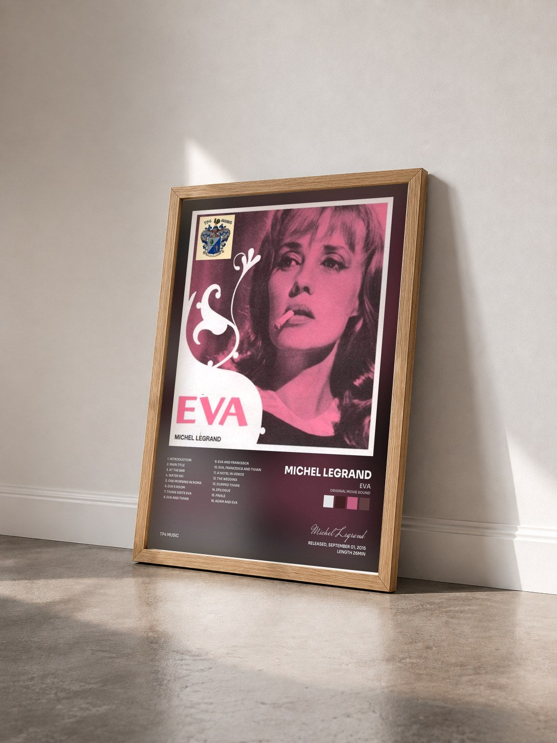 #bois Tableau de l'album Eva (Original Movie Sound) de Michel Legrand vu de trois quarts, cadre en bois brut