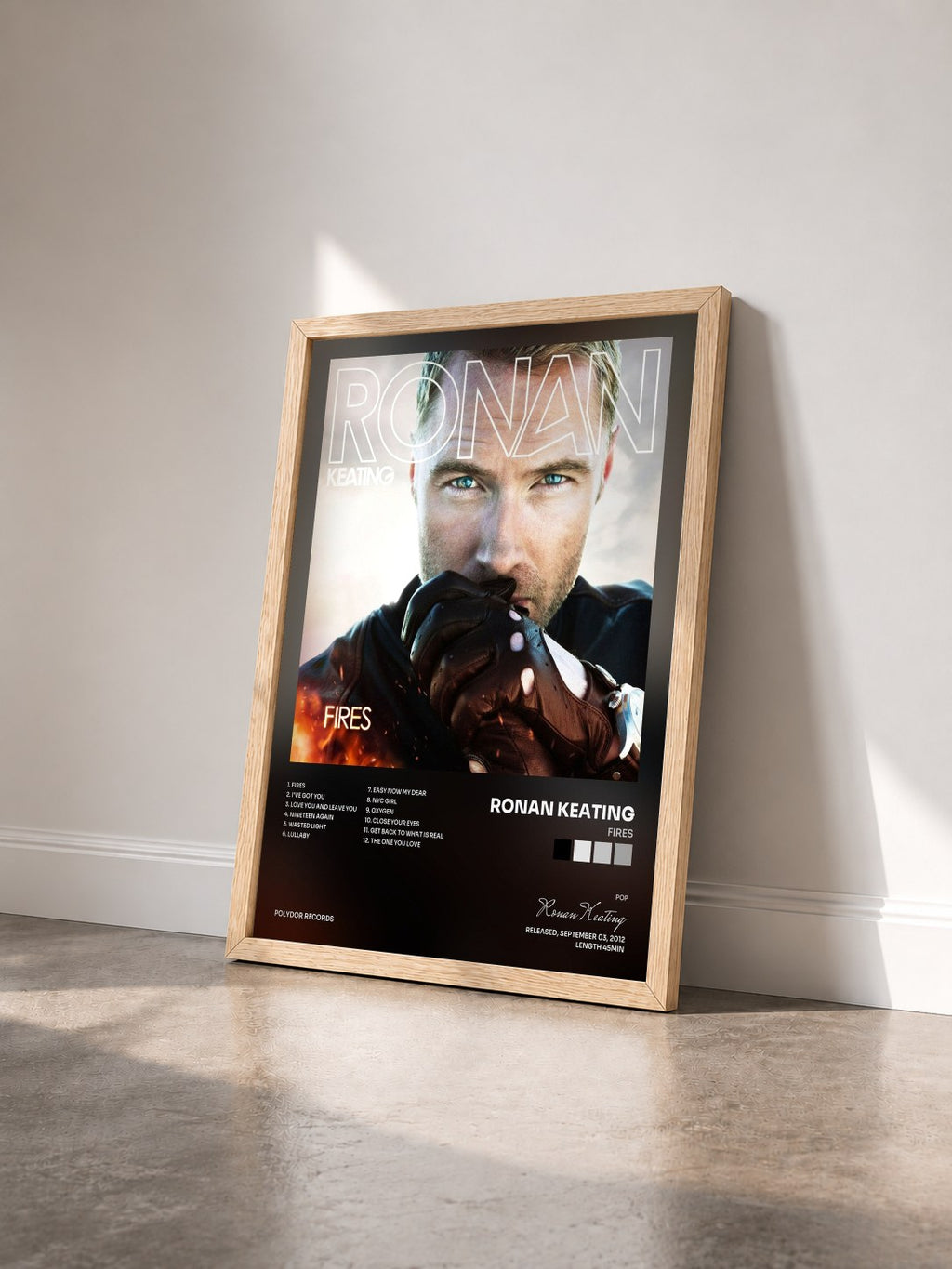 #bois Tableau de l'album Fires de Ronan Keating vu de trois quarts, cadre en bois brut