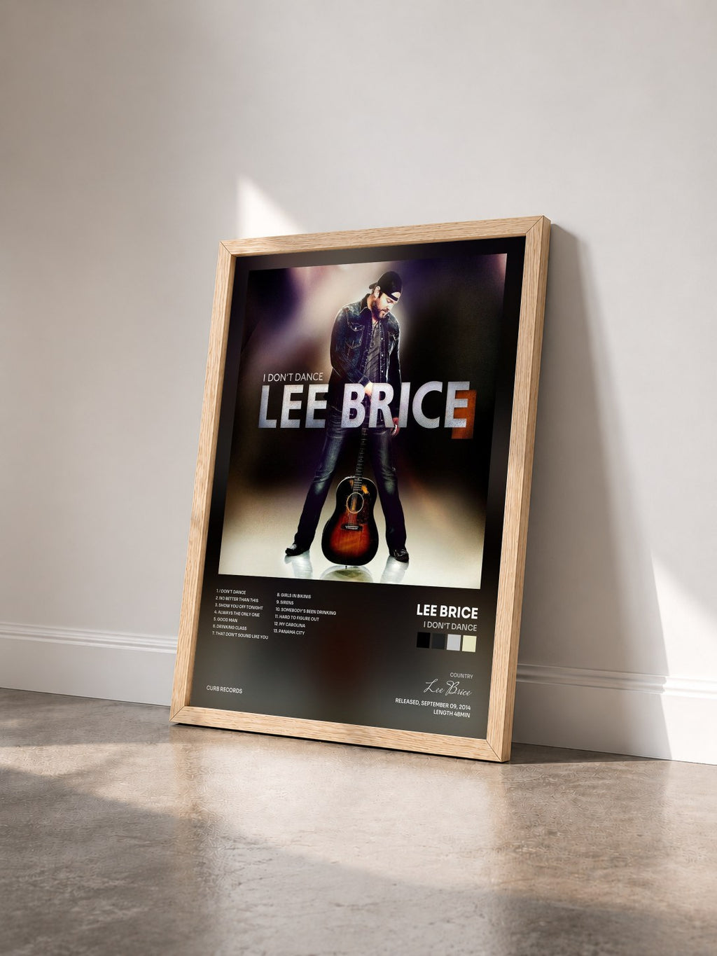 #bois Tableau de l'album I Don't Dance de Lee Brice vu de trois quarts, cadre en bois brut