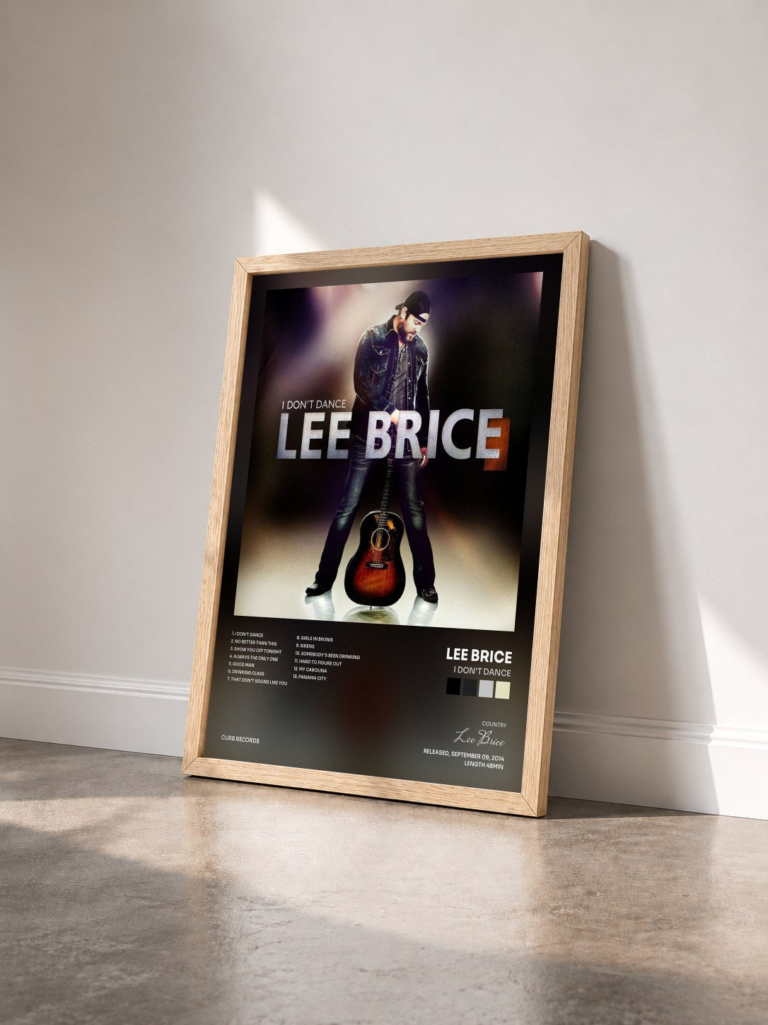 #bois Tableau de l'album I Don't Dance de Lee Brice vu de trois quarts, cadre en bois brut