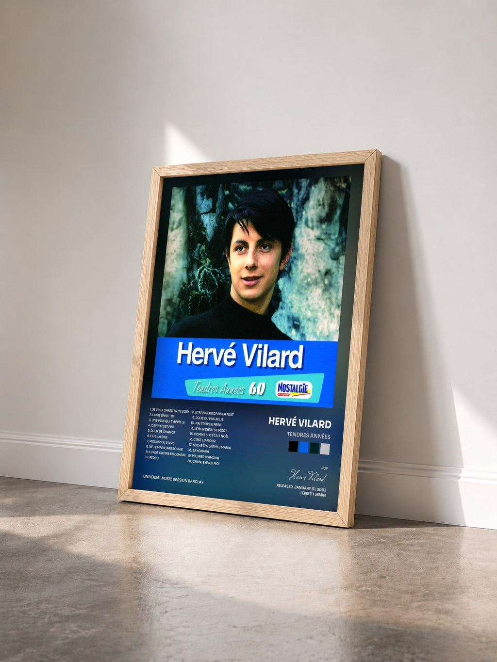 #bois Tableau de l'album Tendres Années de Hervé Vilard vu de trois quarts, cadre en bois brut