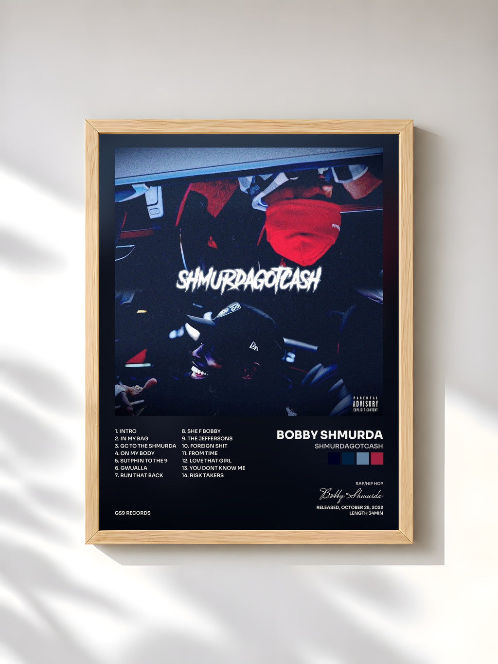 #bois Tableau de l'album SHMURDAGOTCASH de Bobby Shmurda, cadre en bois brut, imprimé et encadré en France