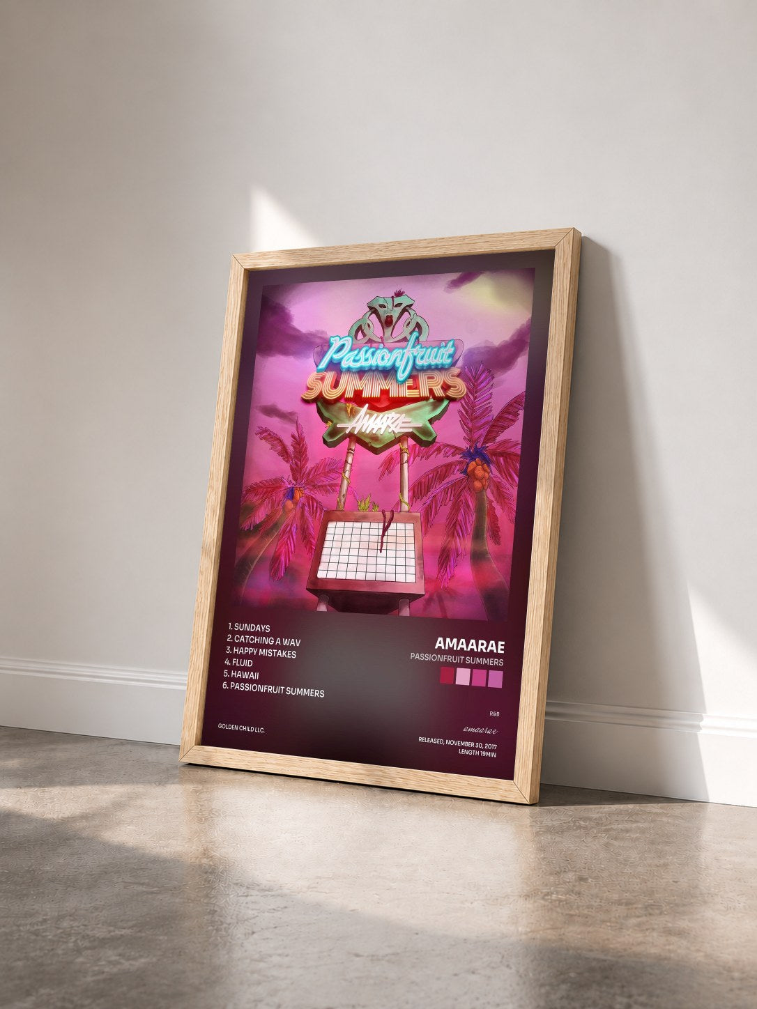 #bois Tableau de l'album Passionfruit Summers de amaarae vu de trois quarts, cadre en bois brut
