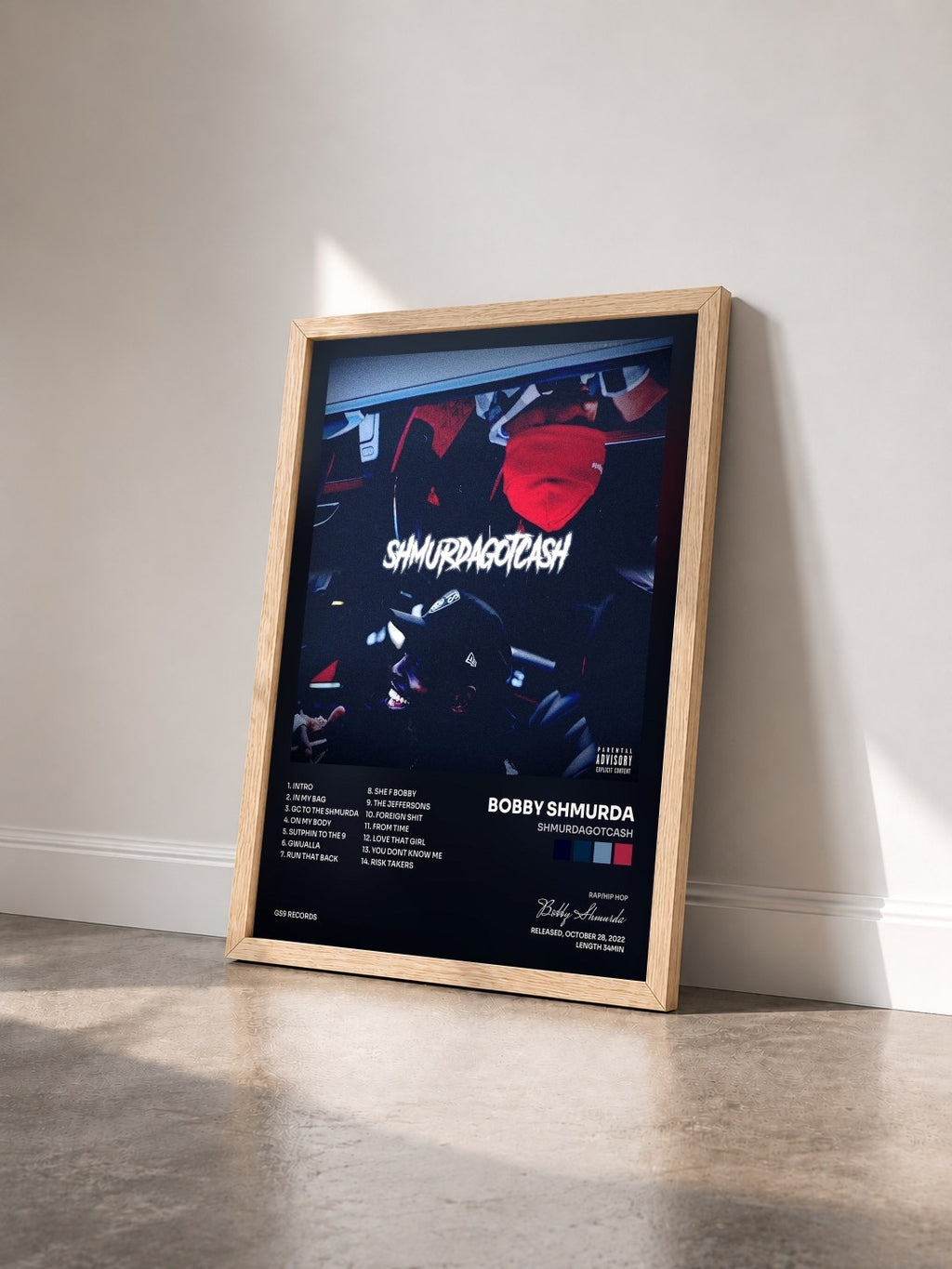 #bois Tableau de l'album SHMURDAGOTCASH de Bobby Shmurda vu de trois quarts, cadre en bois brut