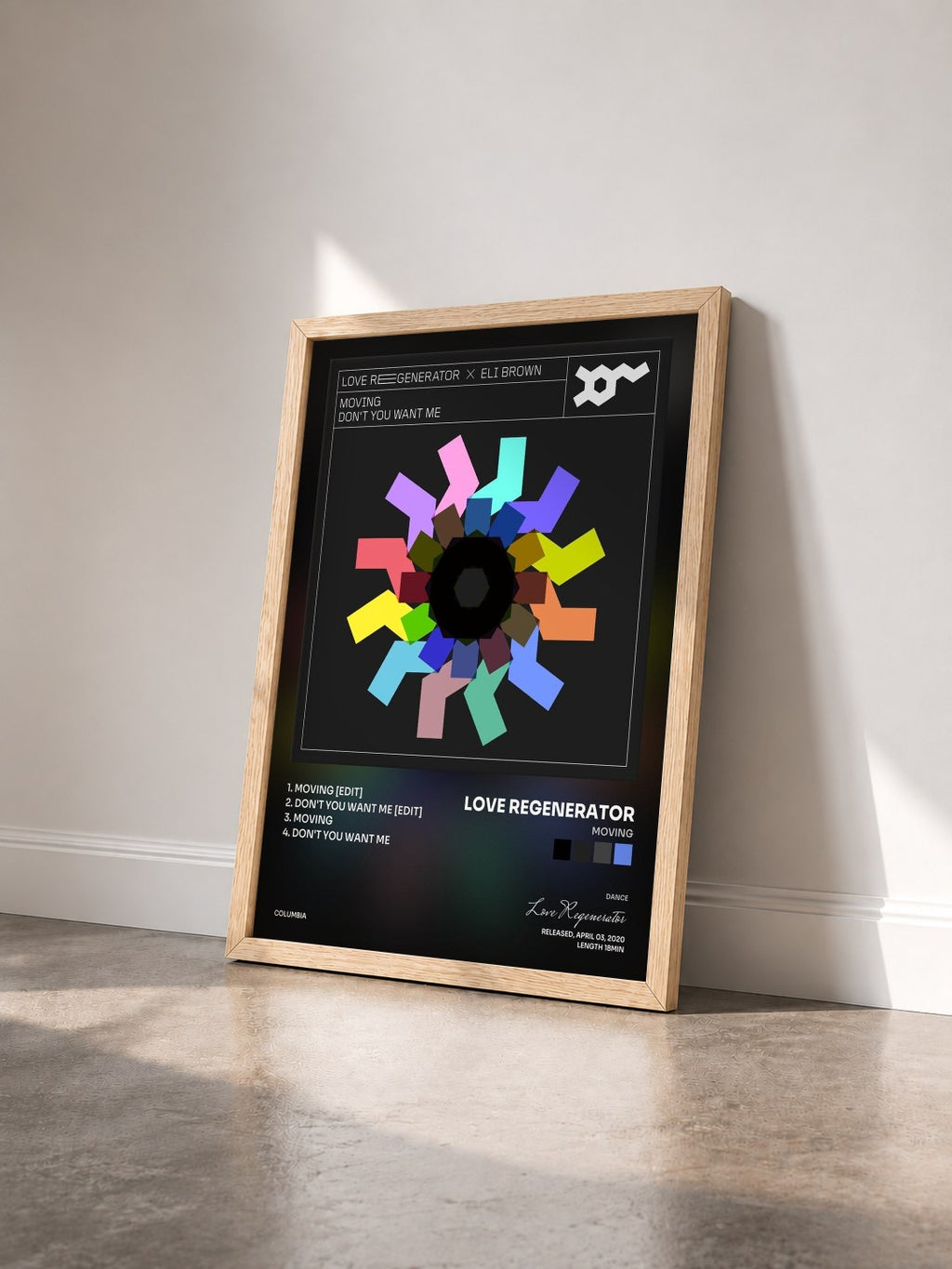 #bois Tableau de l'album Moving de Love Regenerator vu de trois quarts, cadre en bois brut