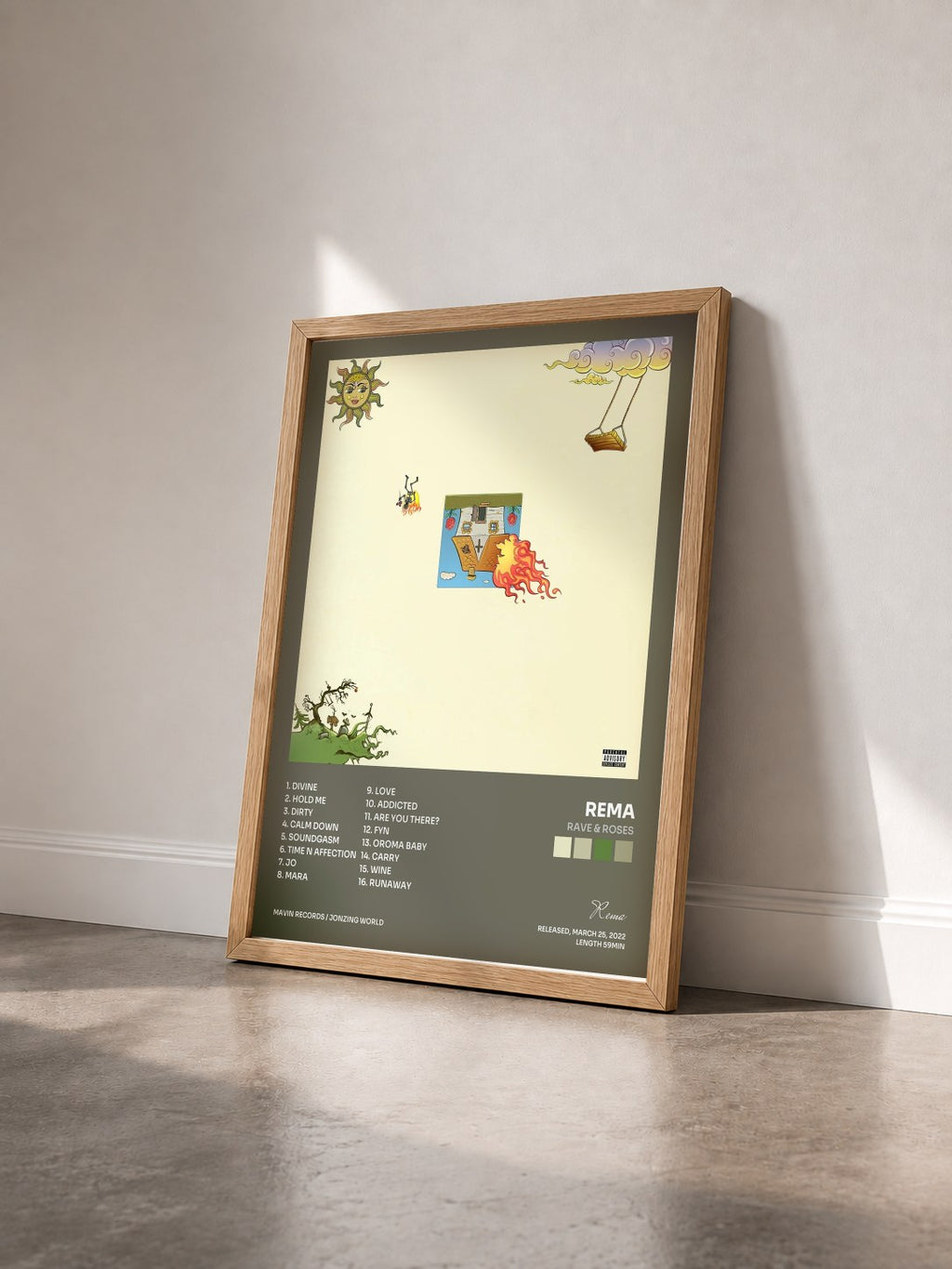 #bois Tableau de l'album Rave & Roses de Rema vu de trois quarts, cadre en bois brut
