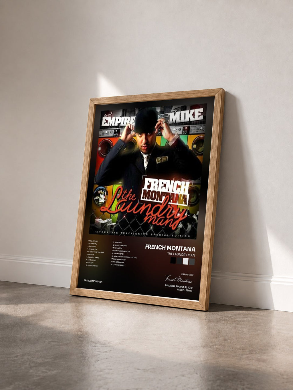 #bois Tableau de l'album The Laundry Man de French Montana vu de trois quarts, cadre en bois brut
