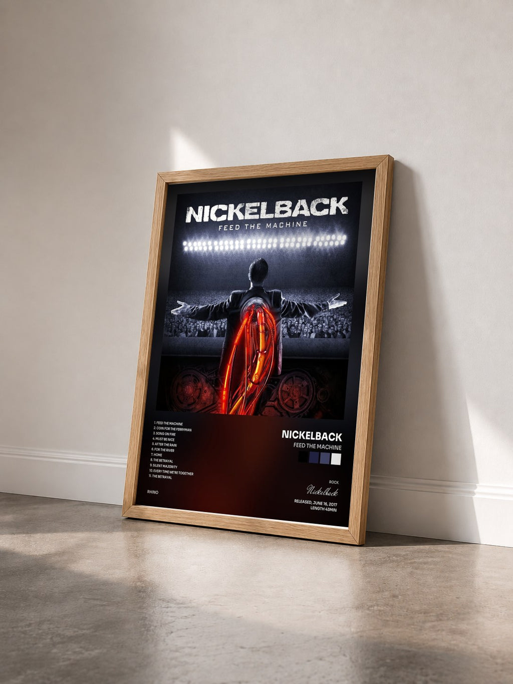 #bois Tableau de l'album Feed the Machine de Nickelback vu de trois quarts, cadre en bois brut