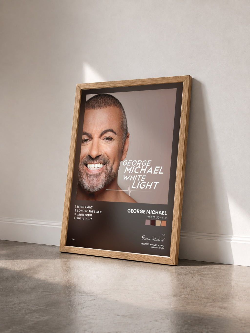 #bois Tableau de l'album White Light EP de George Michael vu de trois quarts, cadre en bois brut
