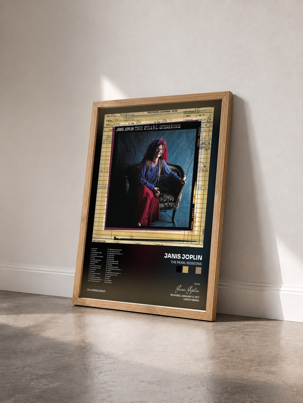 #bois Tableau de l'album The Pearl Sessions de Janis Joplin vu de trois quarts, cadre en bois brut