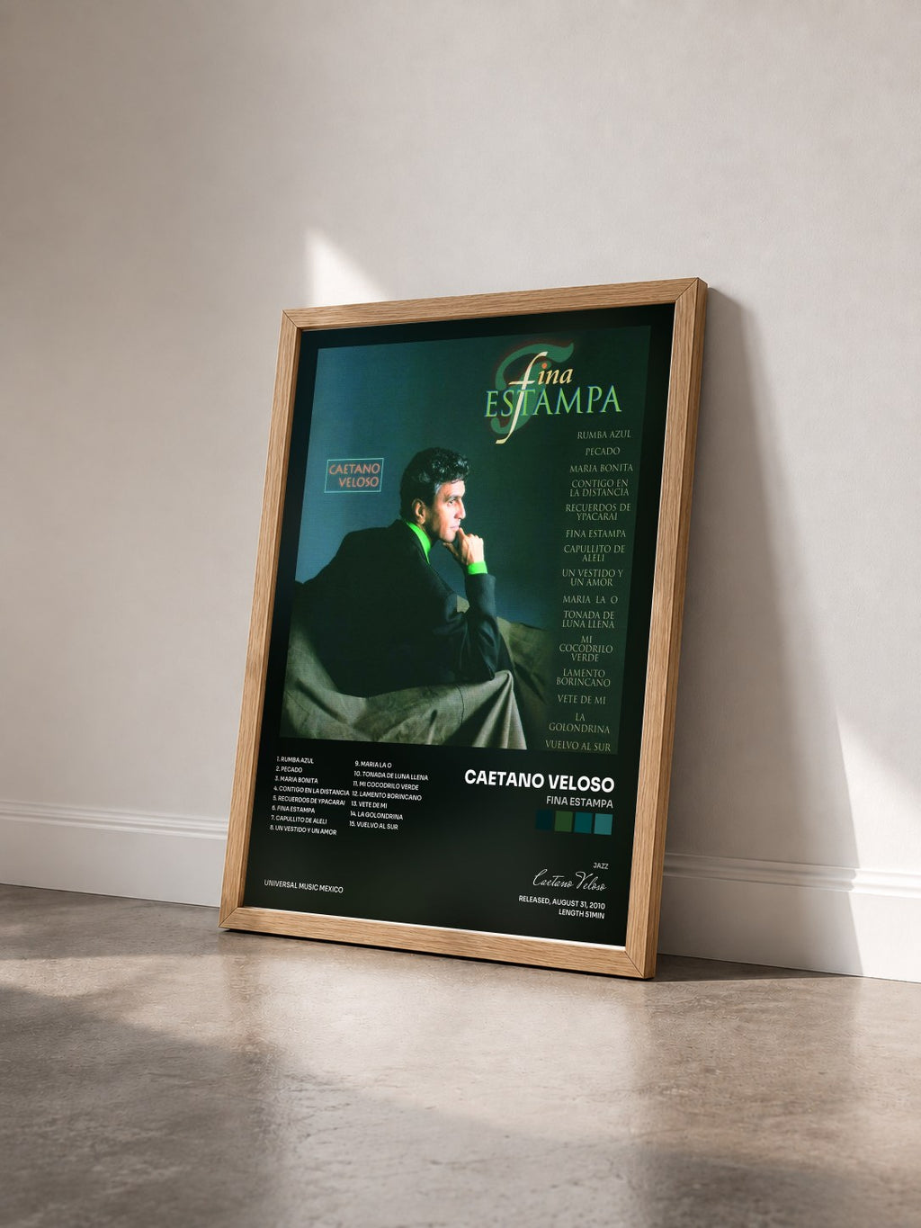 #bois Tableau de l'album Fina Estampa de Caetano Veloso vu de trois quarts, cadre en bois brut