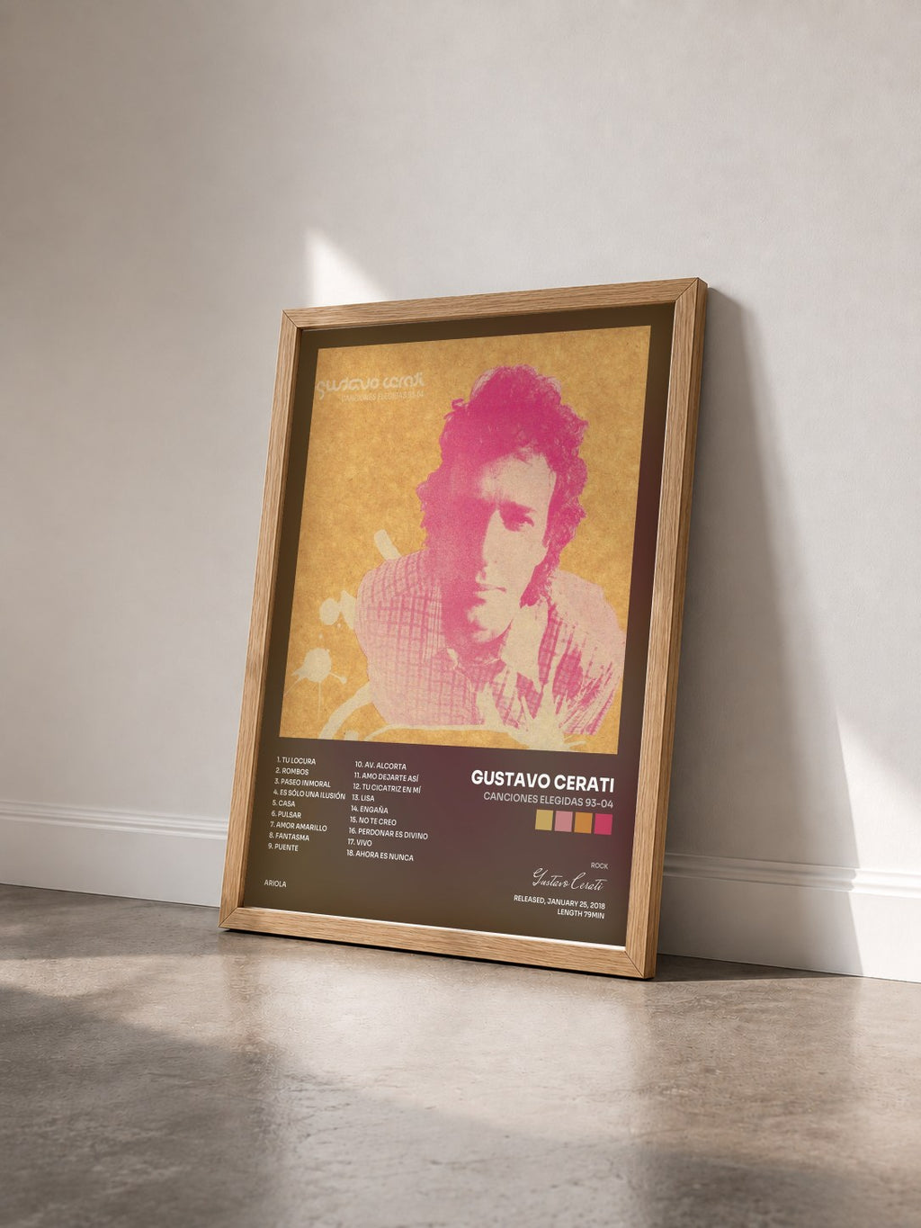 #bois Tableau de l'album Canciones Elegidas 93-04 de Gustavo Cerati vu de trois quarts, cadre en bois brut
