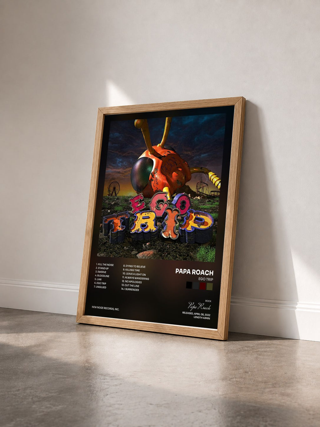 #bois Tableau de l'album Ego Trip de Papa Roach vu de trois quarts, cadre en bois brut