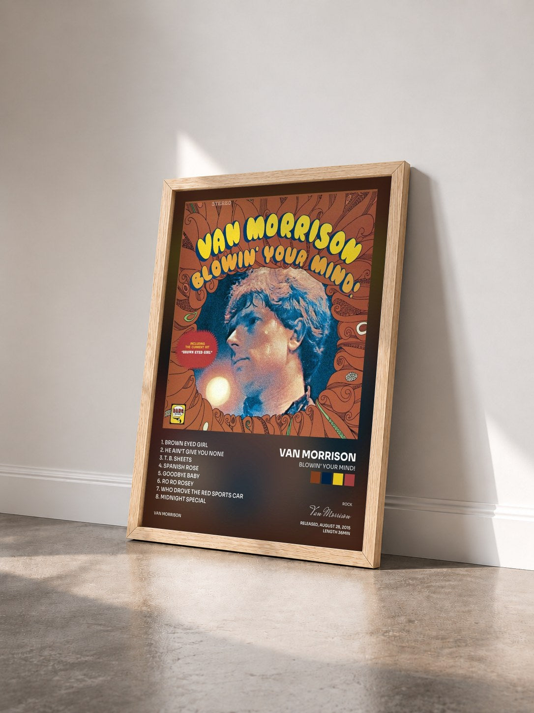 #bois Tableau de l'album Blowin' Your Mind! de Van Morrison vu de trois quarts, cadre en bois brut
