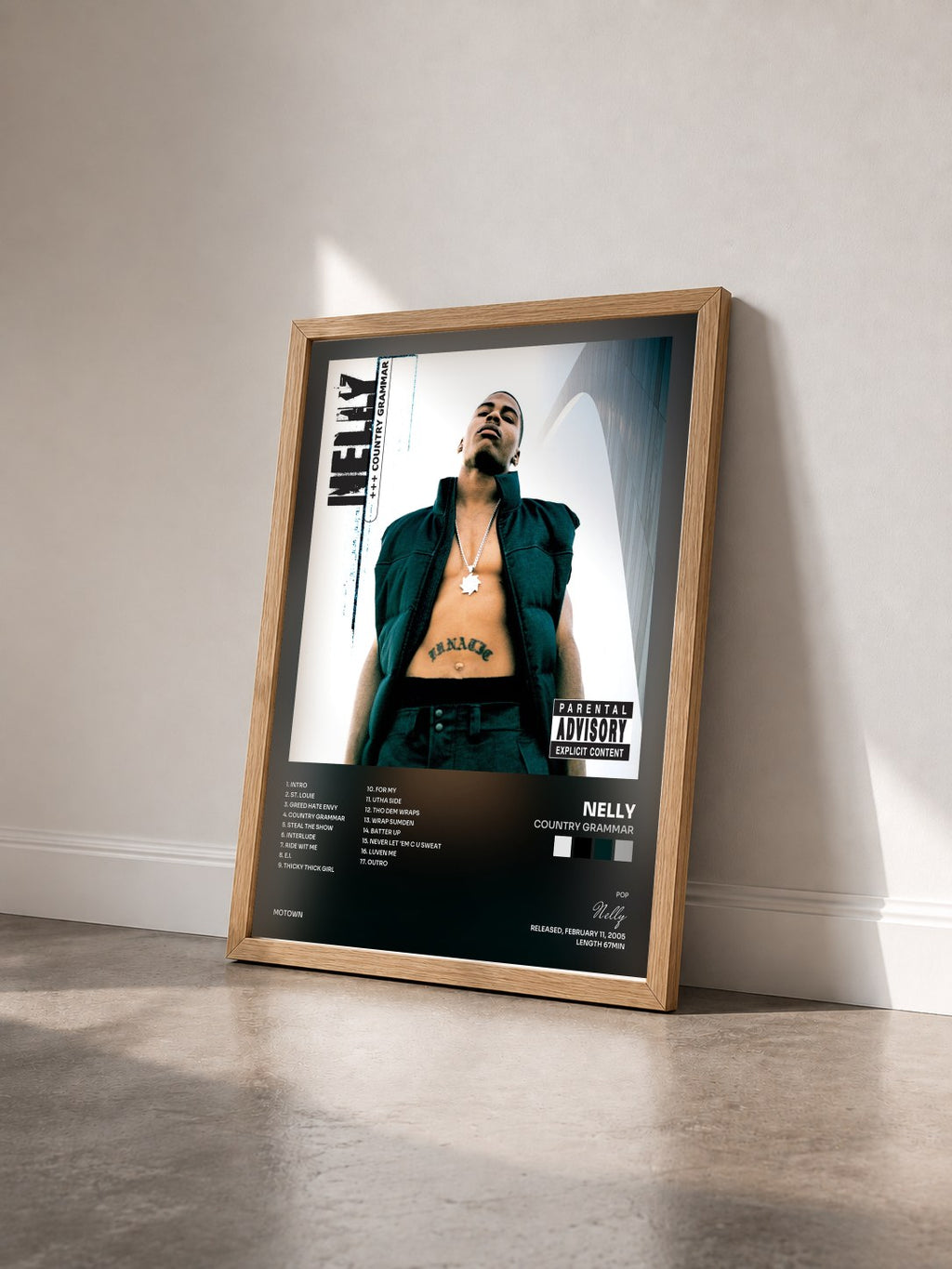 #bois Tableau de l'album Country Grammar de Nelly vu de trois quarts, cadre en bois brut