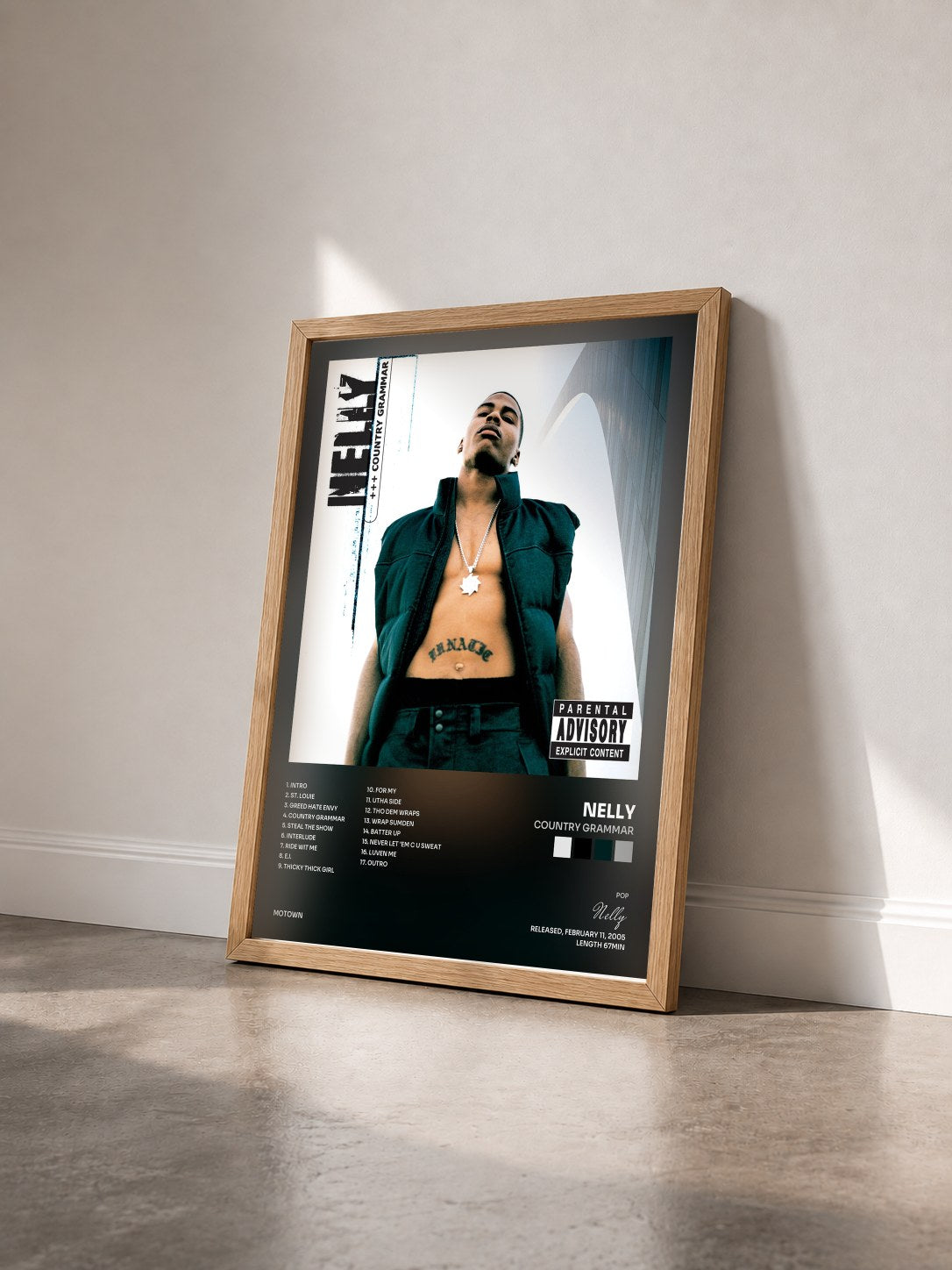 #bois Tableau de l'album Country Grammar de Nelly vu de trois quarts, cadre en bois brut