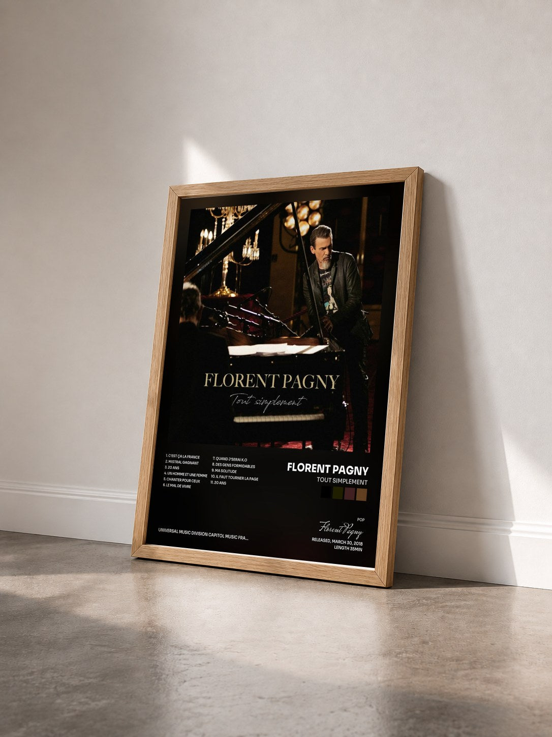 #bois Tableau de l'album Tout simplement de Florent Pagny vu de trois quarts, cadre en bois brut