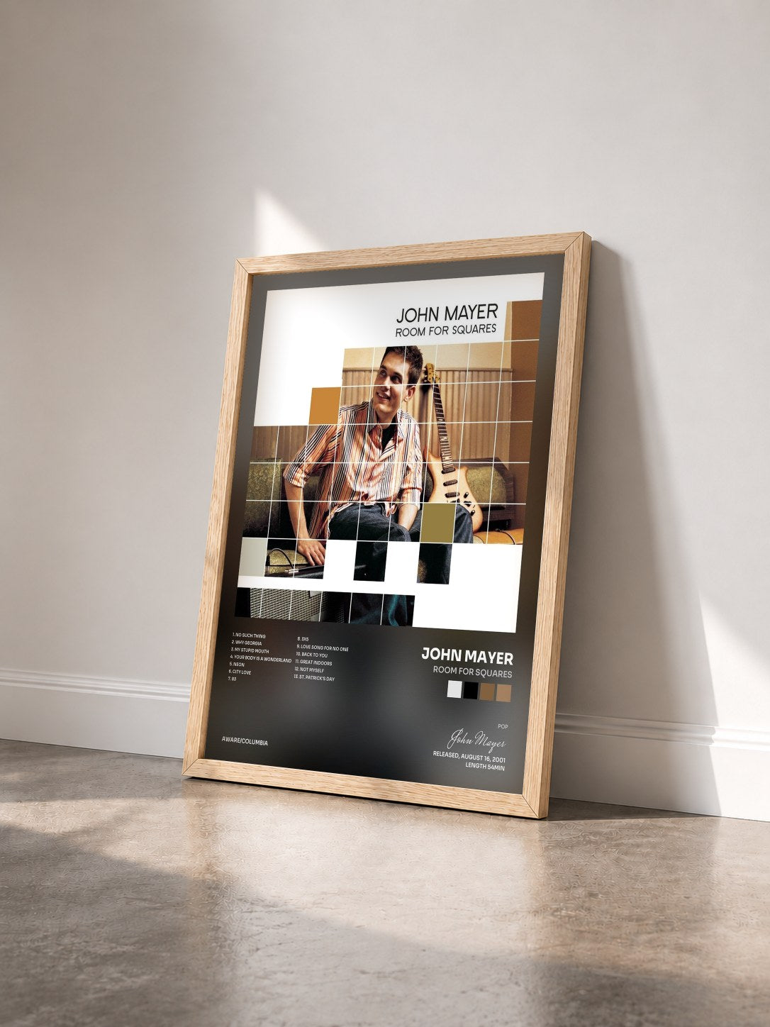 #bois Tableau de l'album Room For Squares de John Mayer vu de trois quarts, cadre en bois brut