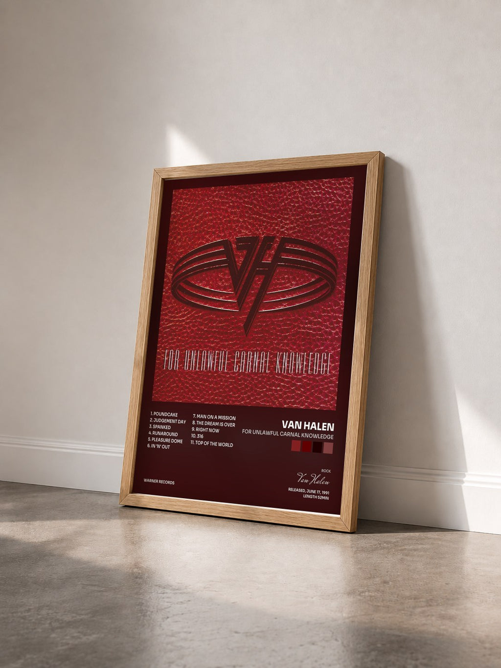 #bois Tableau de l'album For Unlawful Carnal Knowledge de Van Halen vu de trois quarts, cadre en bois brut