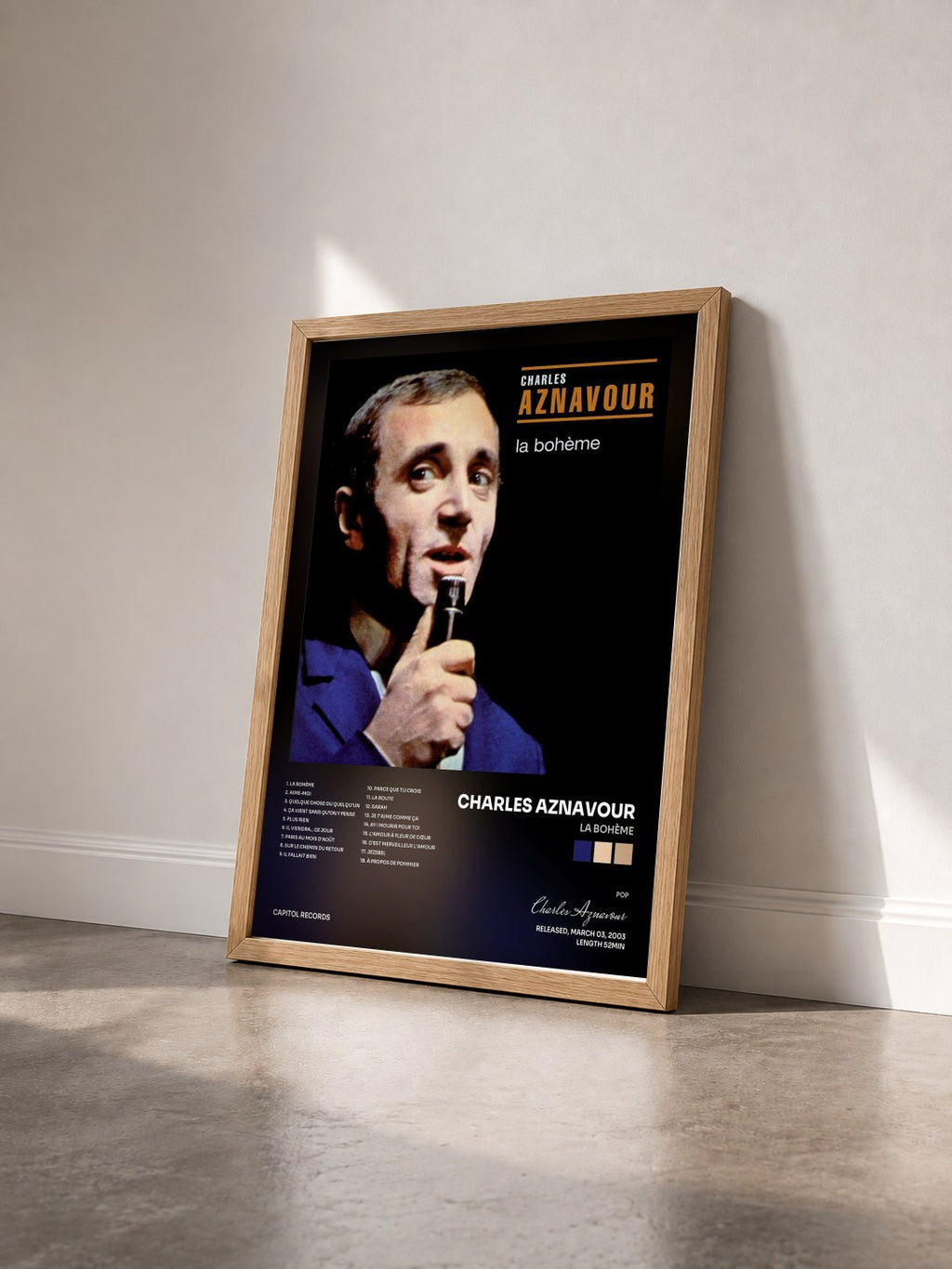 #bois Tableau de l'album La Bohème de Charles Aznavour vu de trois quarts, cadre en bois brut