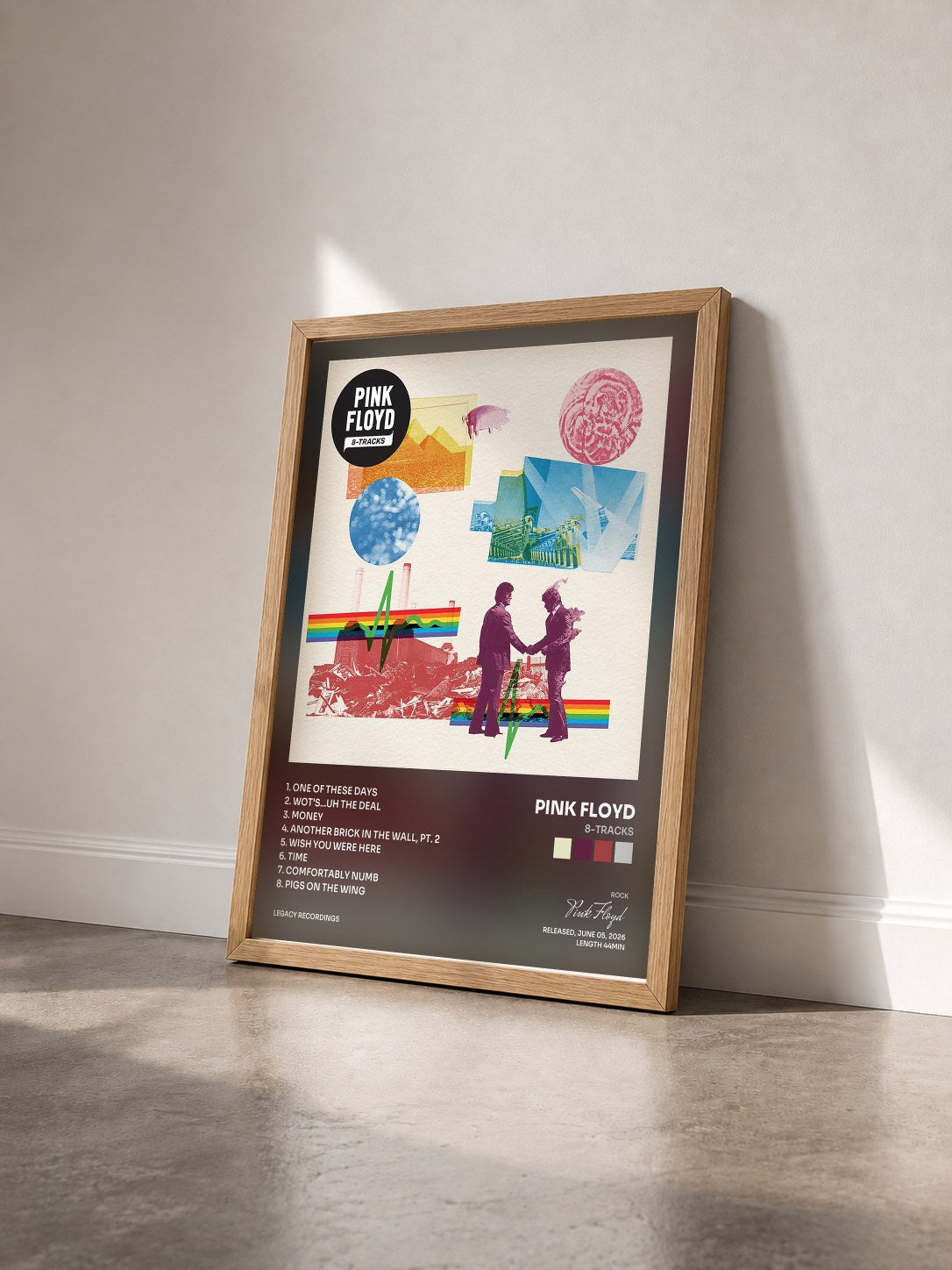 #bois Tableau de l'album 8-Tracks de Pink Floyd vu de trois quarts, cadre en bois brut