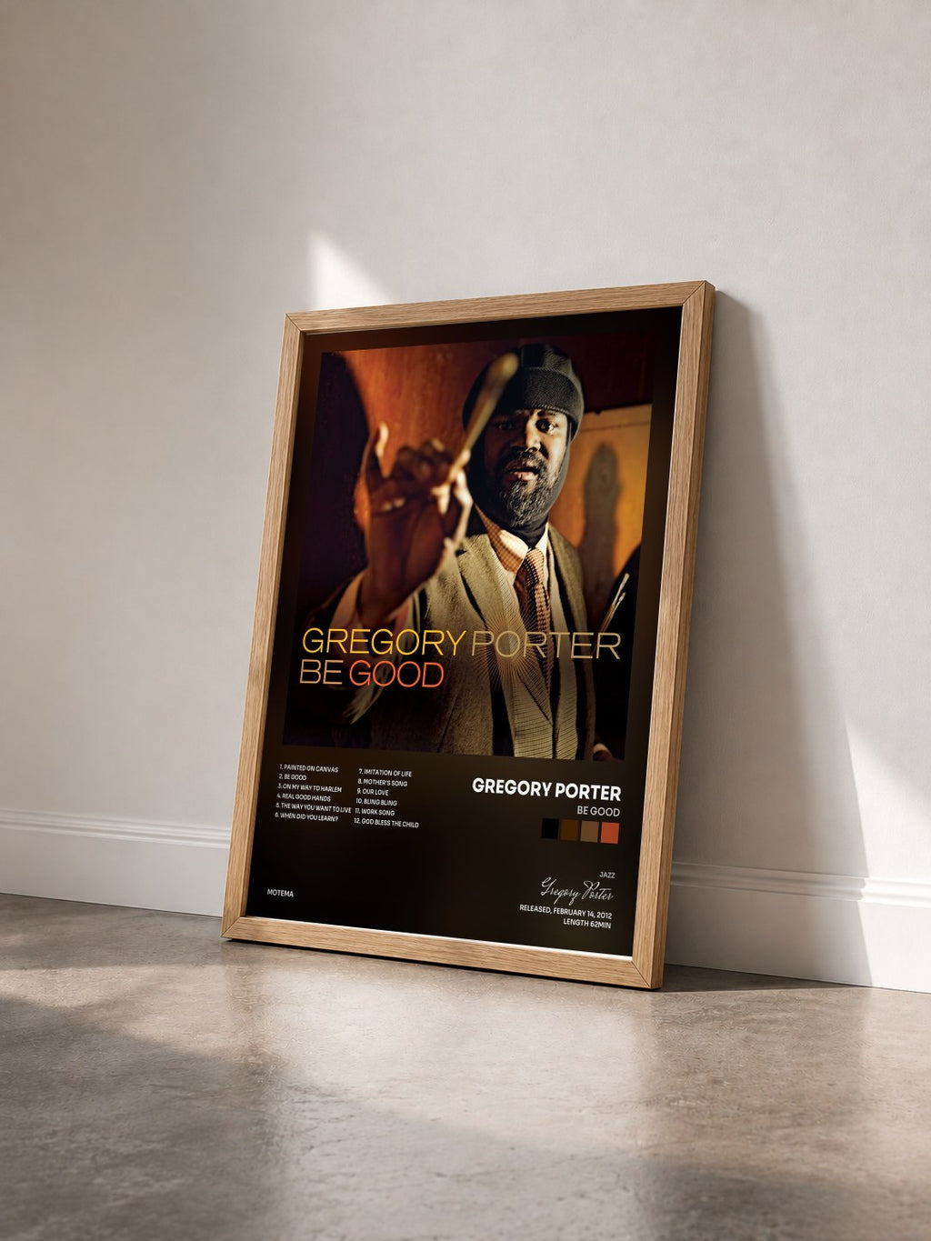 #bois Tableau de l'album Be Good de Gregory Porter vu de trois quarts, cadre en bois brut