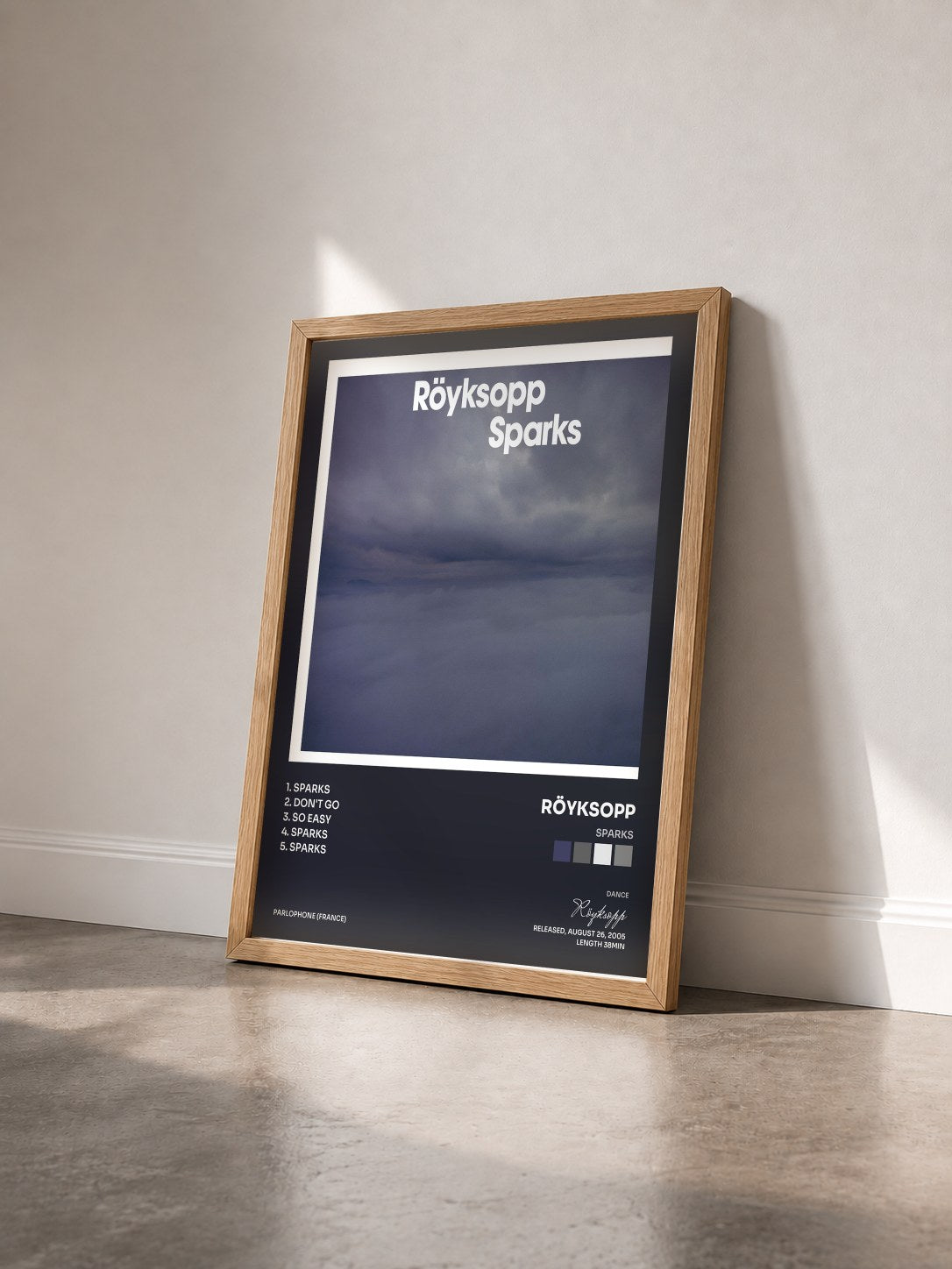 #bois Tableau de l'album Sparks de Röyksopp vu de trois quarts, cadre en bois brut