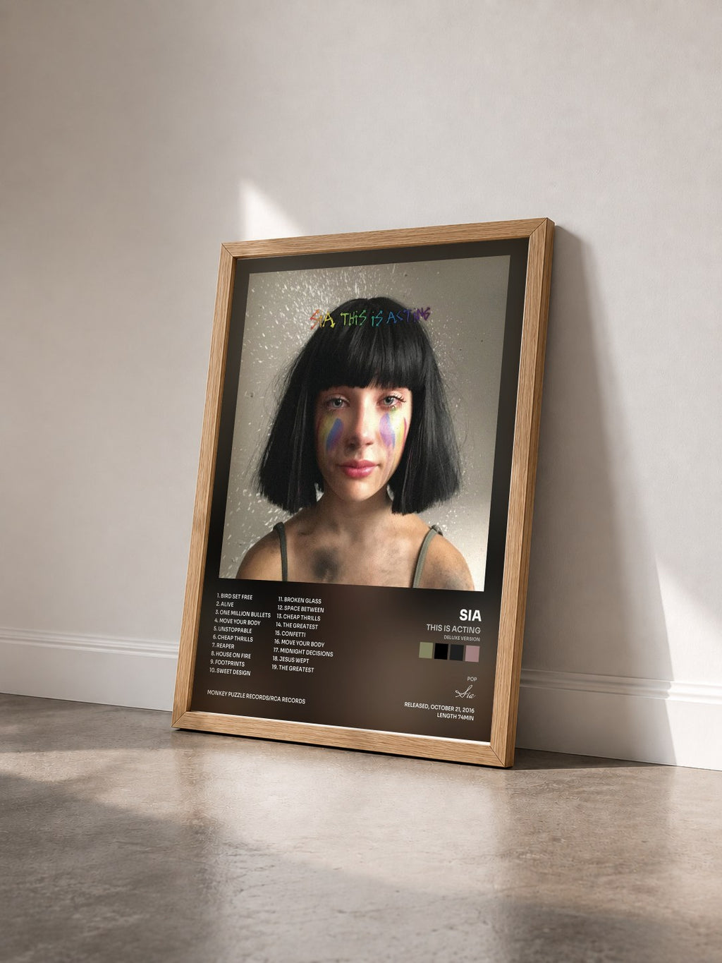 #bois Tableau de l'album This Is Acting (Deluxe Version) de Sia vu de trois quarts, cadre en bois brut