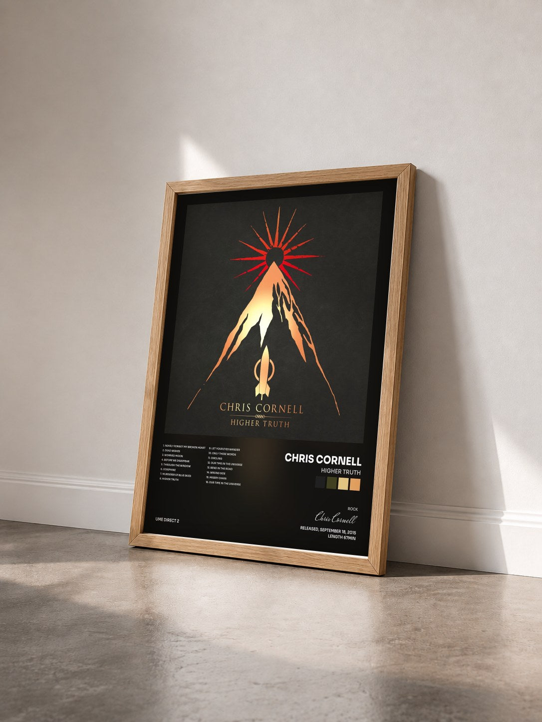 #bois Tableau de l'album Higher Truth de Chris Cornell vu de trois quarts, cadre en bois brut