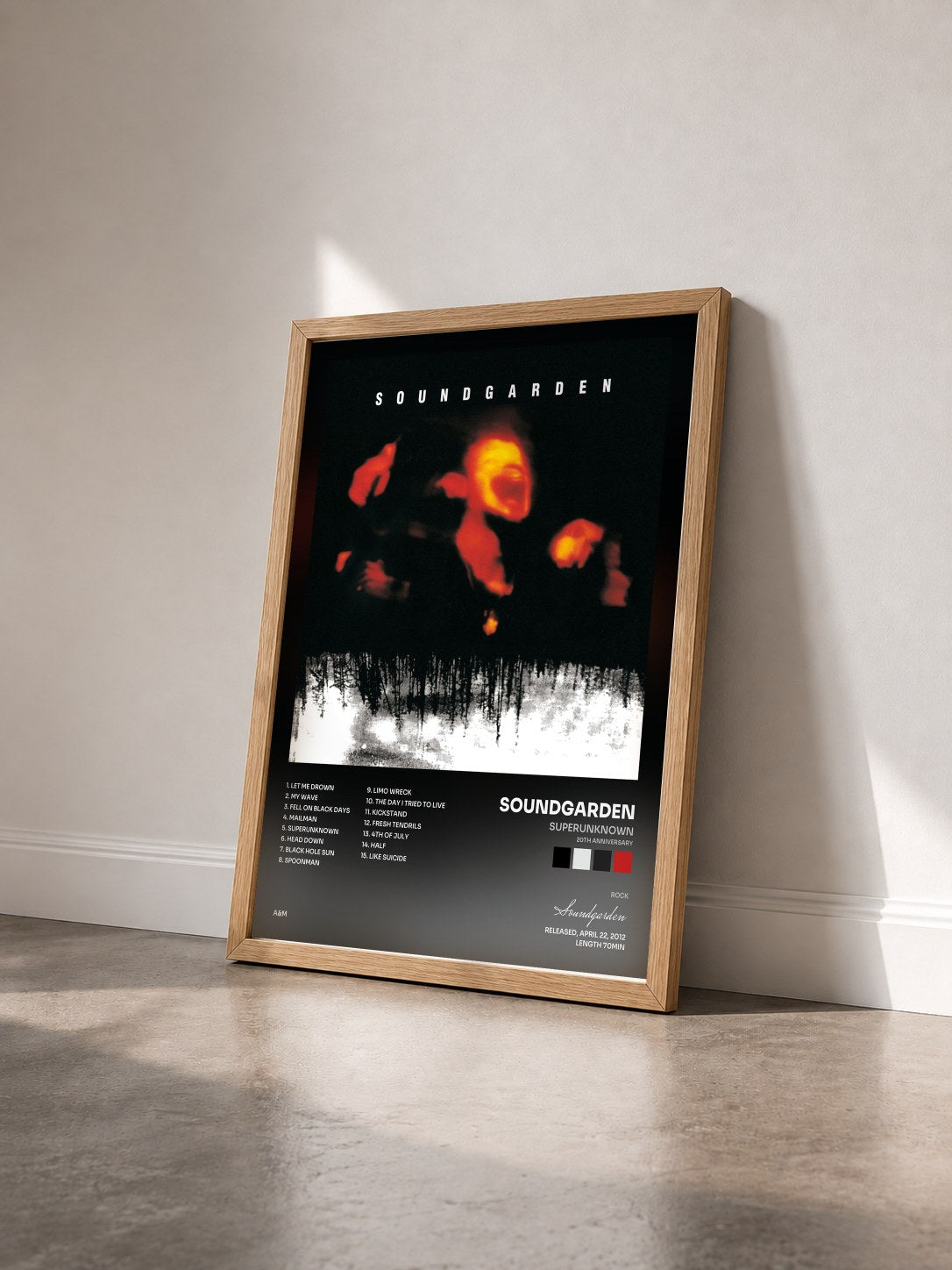#bois Tableau de l'album Superunknown (20th Anniversary) de Soundgarden vu de trois quarts, cadre en bois brut