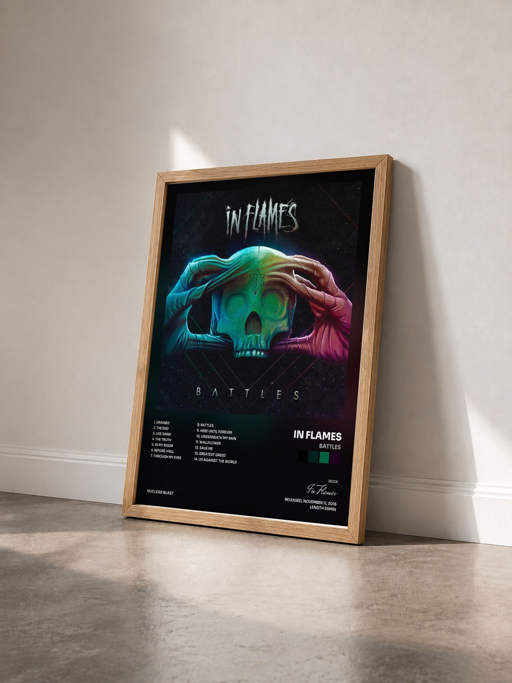 #bois Tableau de l'album Battles de In Flames vu de trois quarts, cadre en bois brut