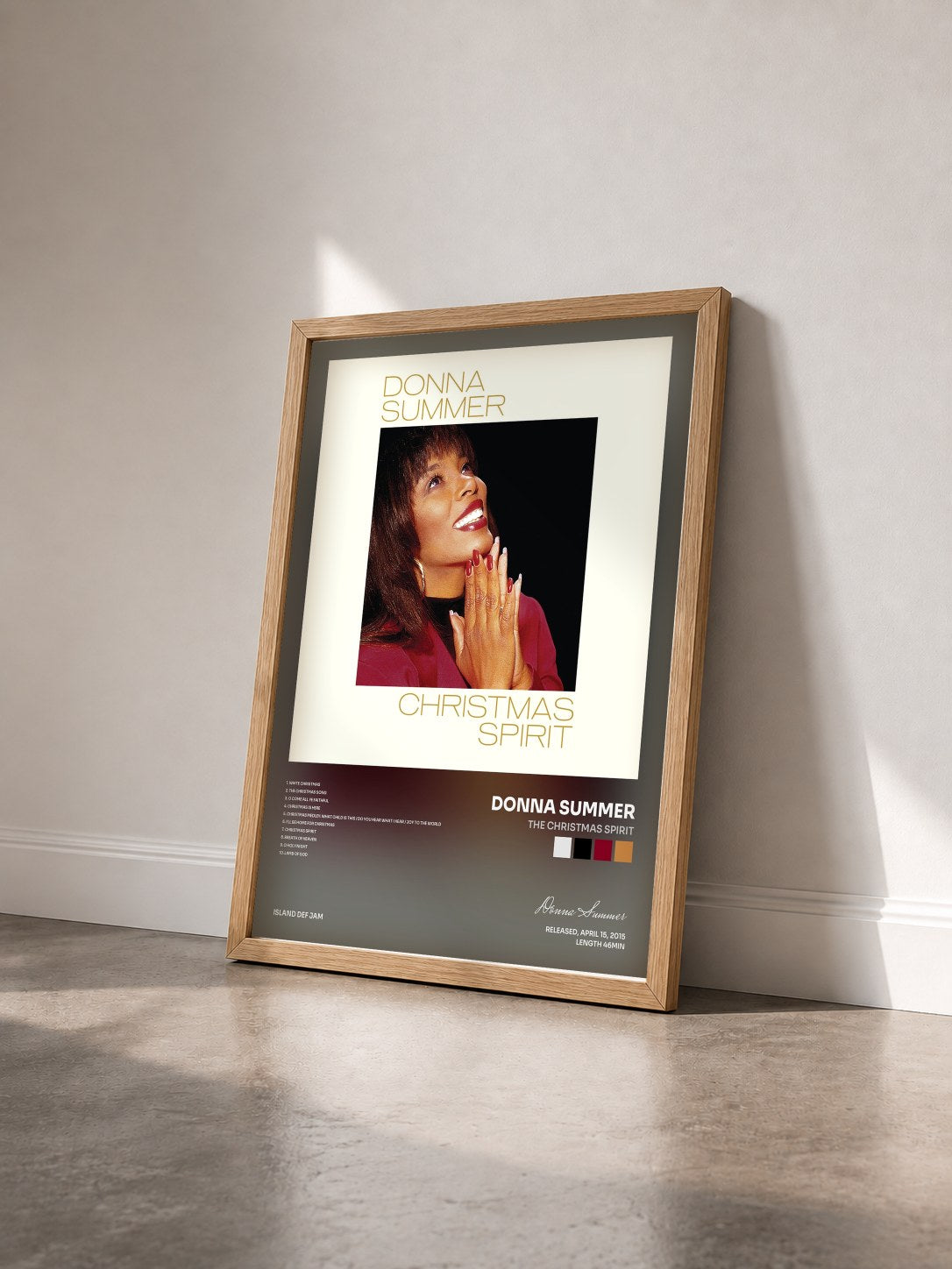 #bois Tableau de l'album The Christmas Spirit de Donna Summer vu de trois quarts, cadre en bois brut