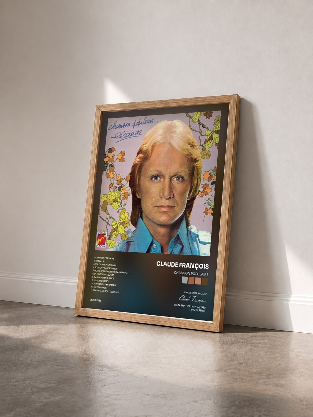 #bois Tableau de l'album Chanson populaire de Claude François vu de trois quarts, cadre en bois brut