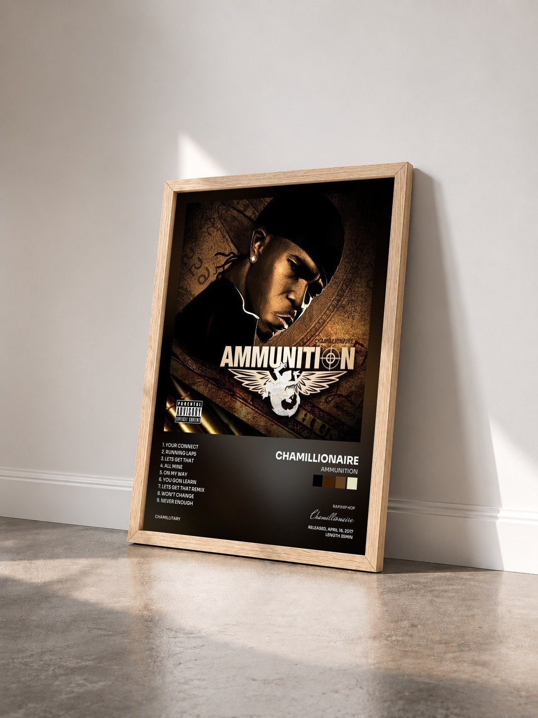 #bois Tableau de l'album Ammunition de Chamillionaire vu de trois quarts, cadre en bois brut