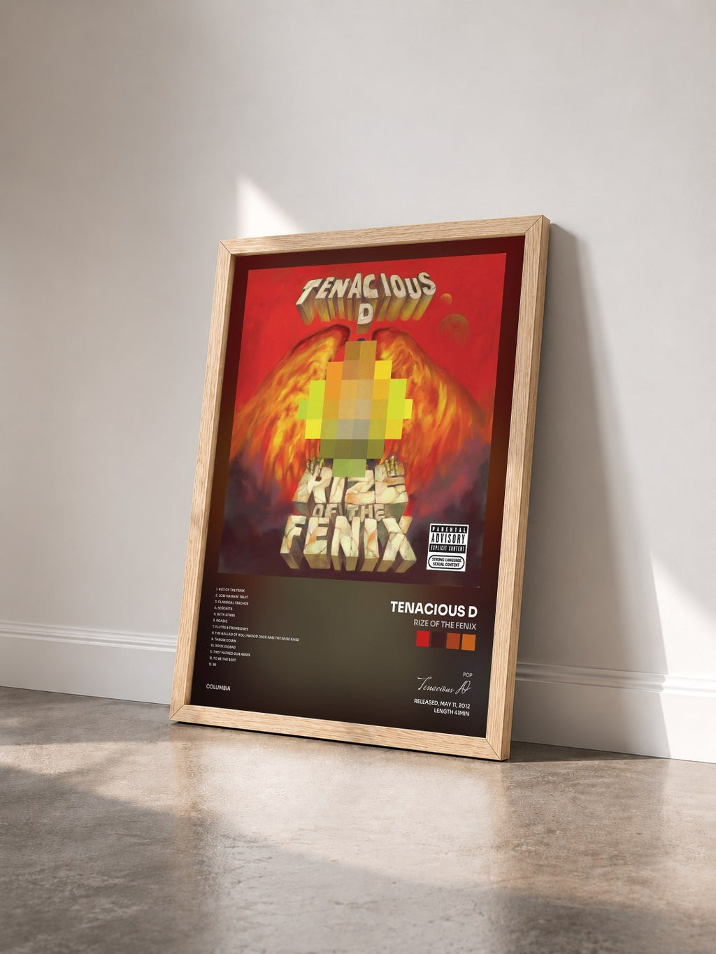 #bois Tableau de l'album Rize Of The Fenix de Tenacious D vu de trois quarts, cadre en bois brut