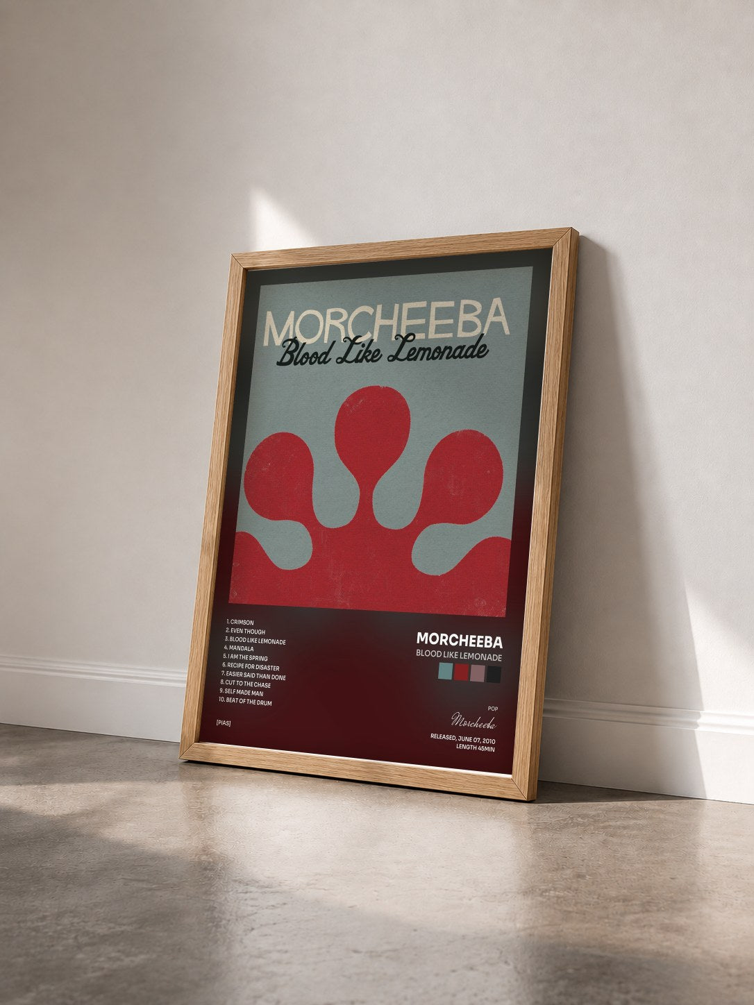 #bois Tableau de l'album Blood Like Lemonade de Morcheeba vu de trois quarts, cadre en bois brut